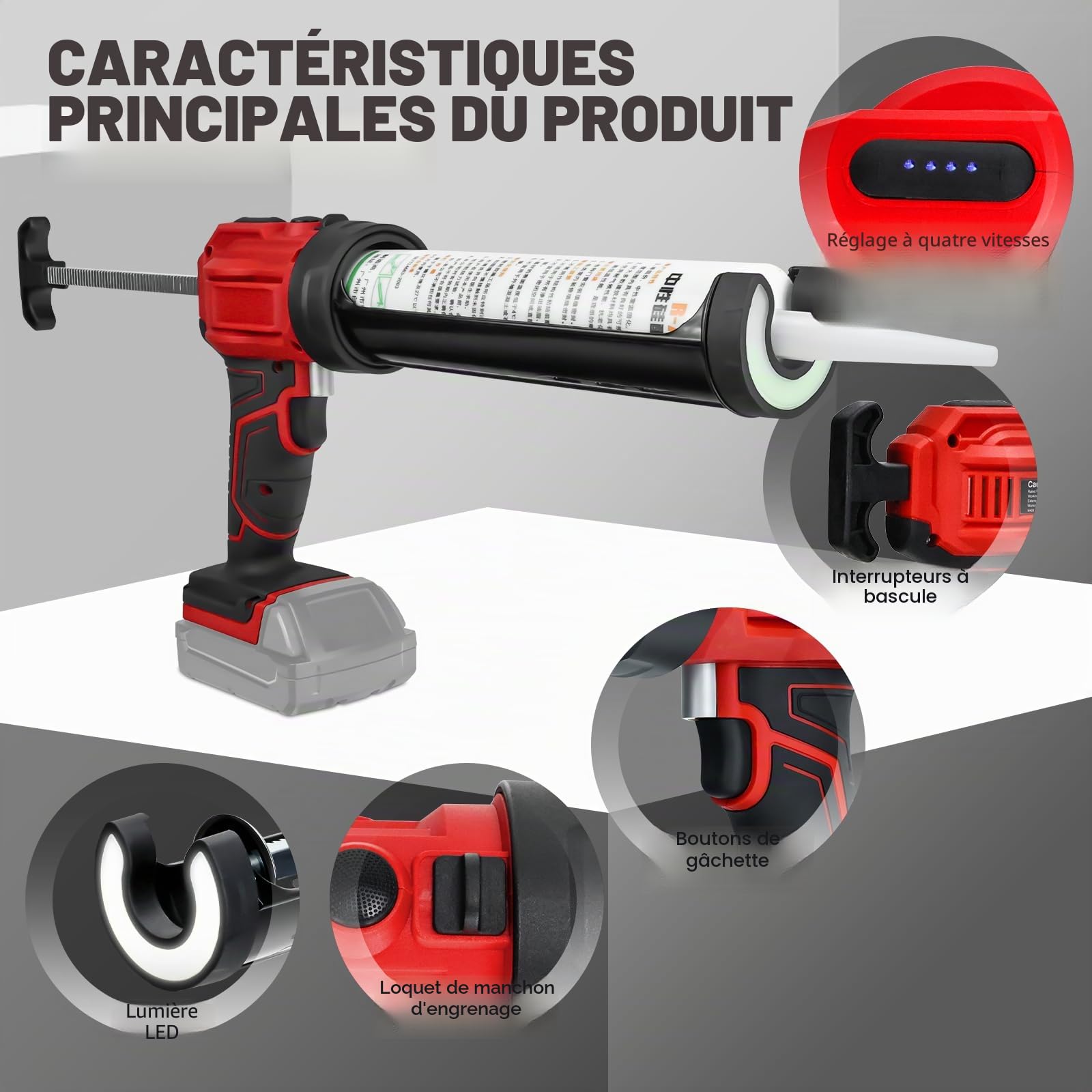 Pistolet à calfeutrer sans fil pour batterie Milwaukee 18 V, pistolets adhésifs électriques avec lumière LED de 450 lm et 4 vitesses réglables, 300 ml pour joint de remplissage de cuisine/salle de