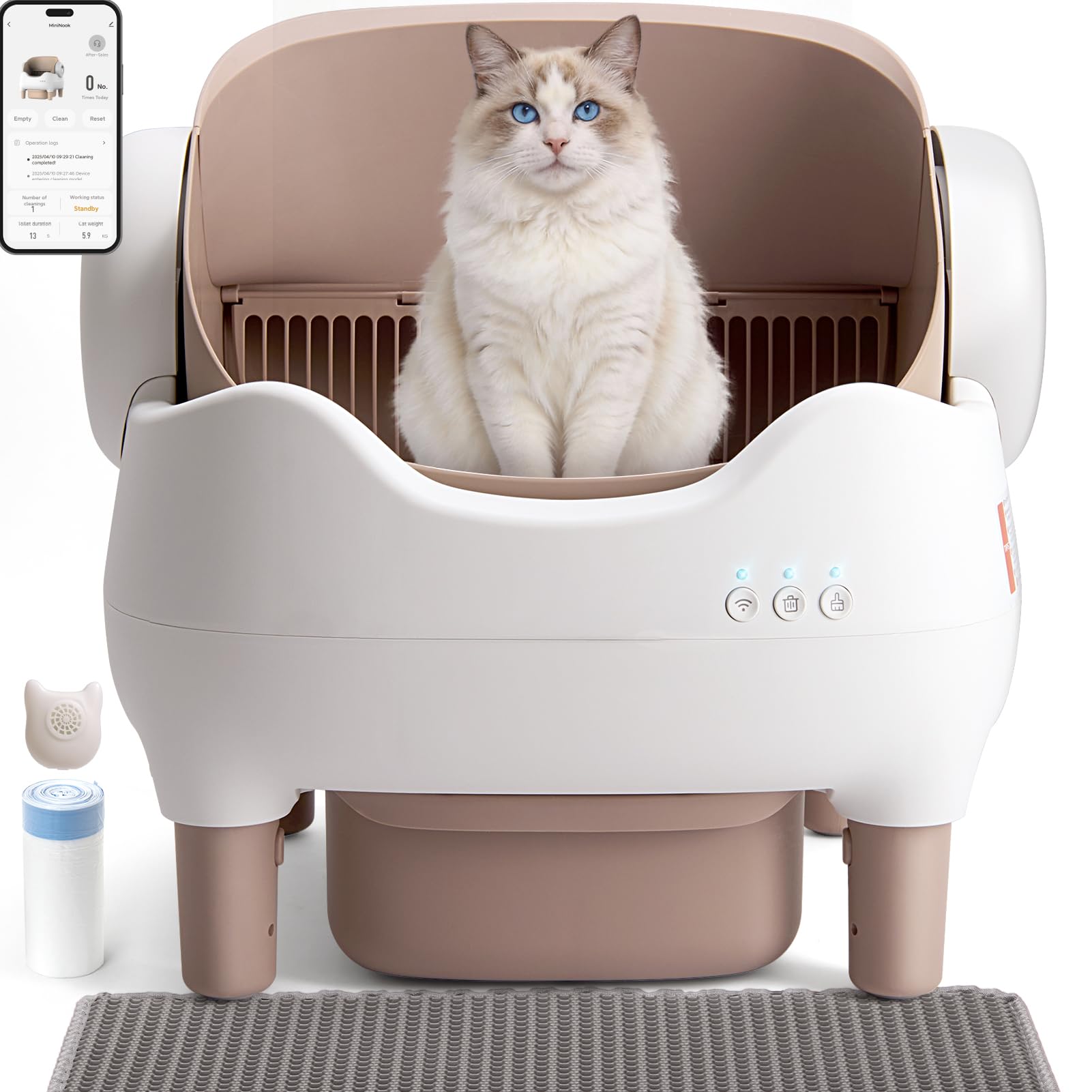Self Cleaning Cat Litter Box: Automatic Cat Litter Box for Multiple Cats, Large Capacity with App Control, Safety Protection, Open-Top, Includes Waste Bags & Mat