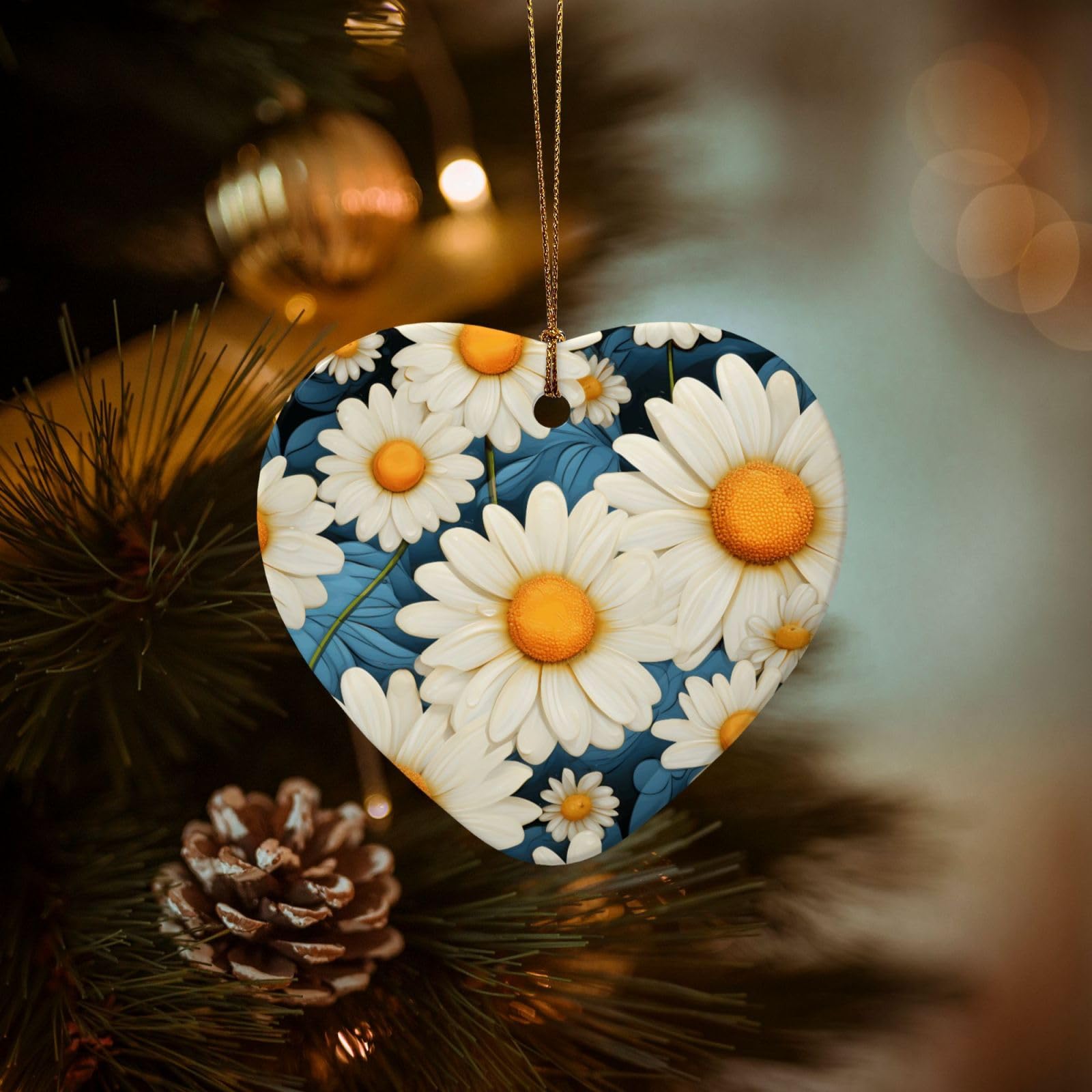 Christmas Ornaments for Christmas Tree Decoration Hanging Daisy Ornament with Gold Ribbon Crafts Heart Shape Ceramic Pendant for Keepsake Gifts Xmas Decor Party Supplies