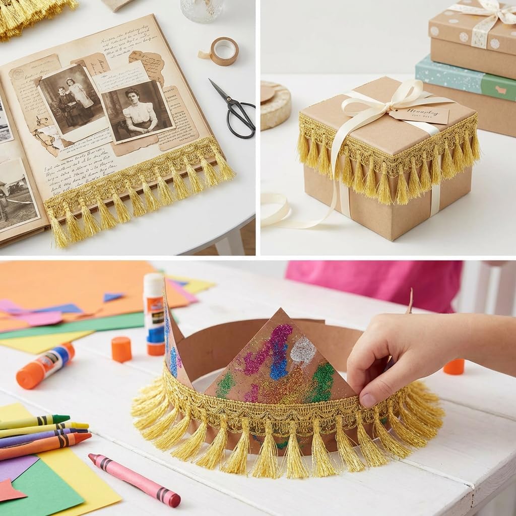 IDONGCAI Gold Fringe Trim Tassel Sewing Trim – 2.2″ Width, 6 Yards Polyester Metallic Tassel Fringe Border for Crafts, Sewing, Home Decor, Curtains & Apparel