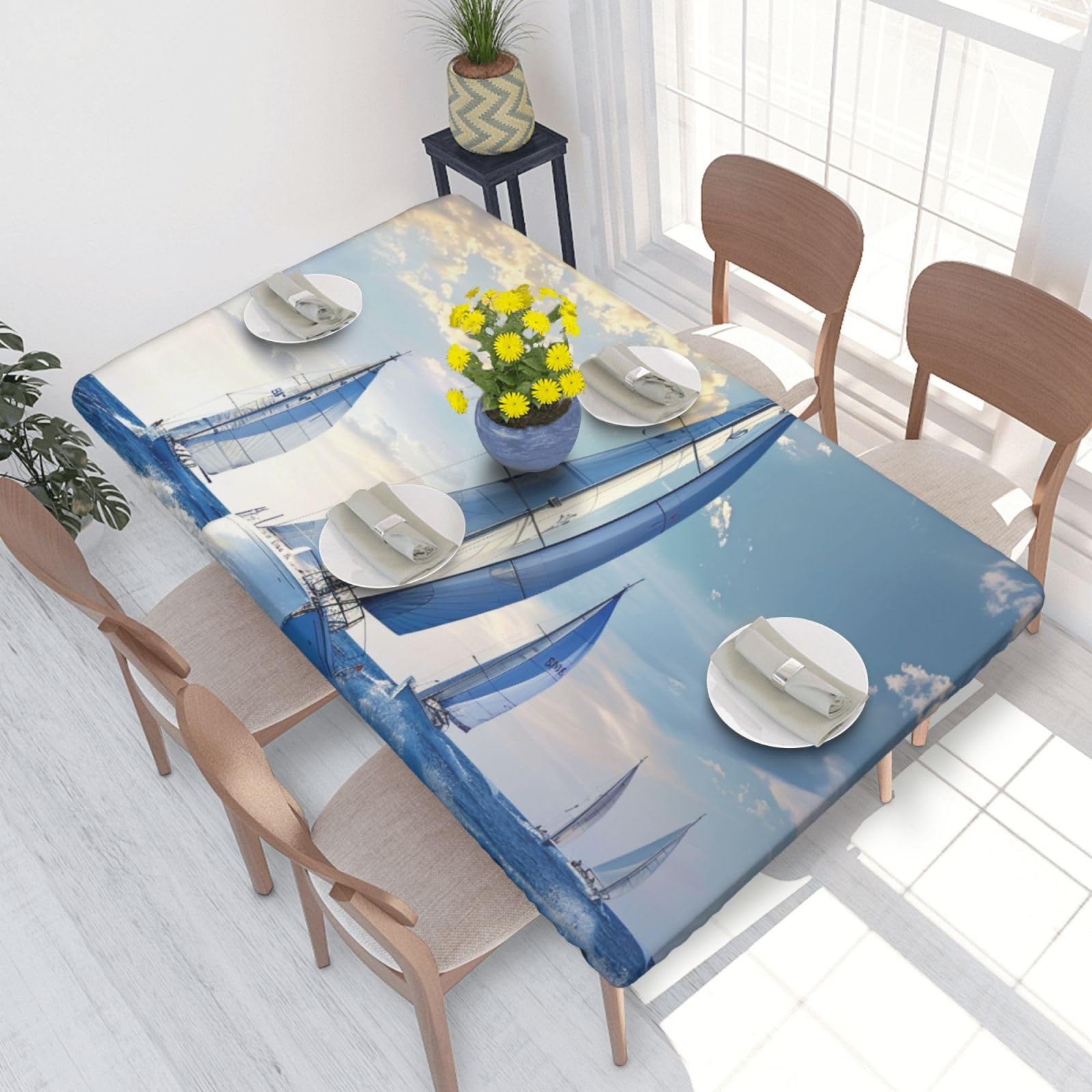 DCARSETCV Sea Sailing Printed 4FT Waterproof Tablecloth with Elastic Edged Protect & Decor Your Table, Oil-proof Washable Table Cloth Cover for Dinner Picnic Party