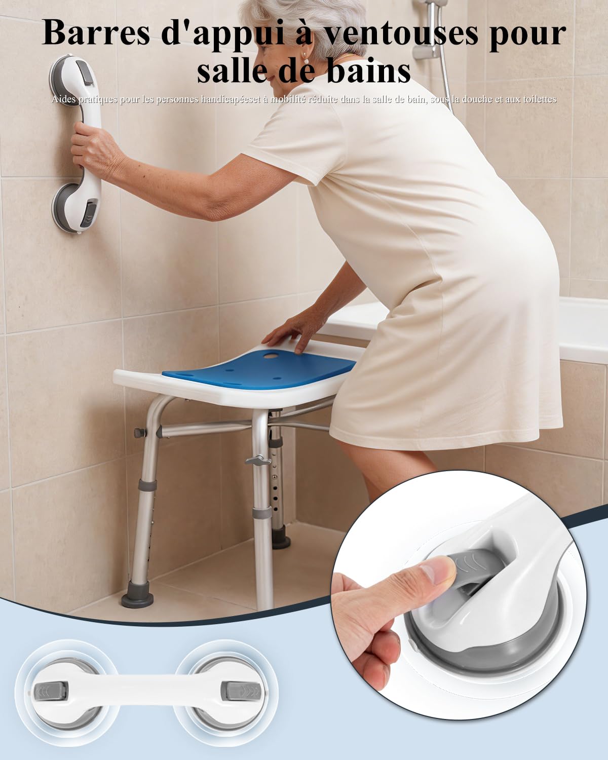 Taburete de ducha de altura ajustable para personas mayores con pasamanos con ventosa, silla antideslizante de aluminio de hasta 136 kg, asiento de ducha, silla para ducha y personas mayores