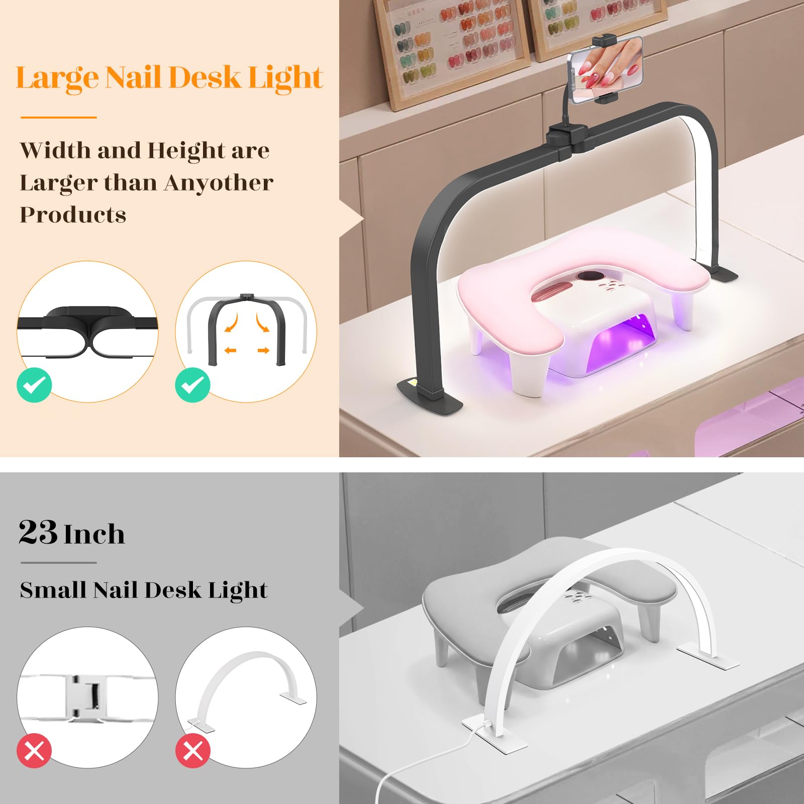 Lampara Media Luna Manicura: 29in Lampara Manicura para Principiantes - 3 Modos de Color y 10 Niveles de Brillo Ajustables Lampara Arco LED Mesa para Cosméticos Lectura - Negro