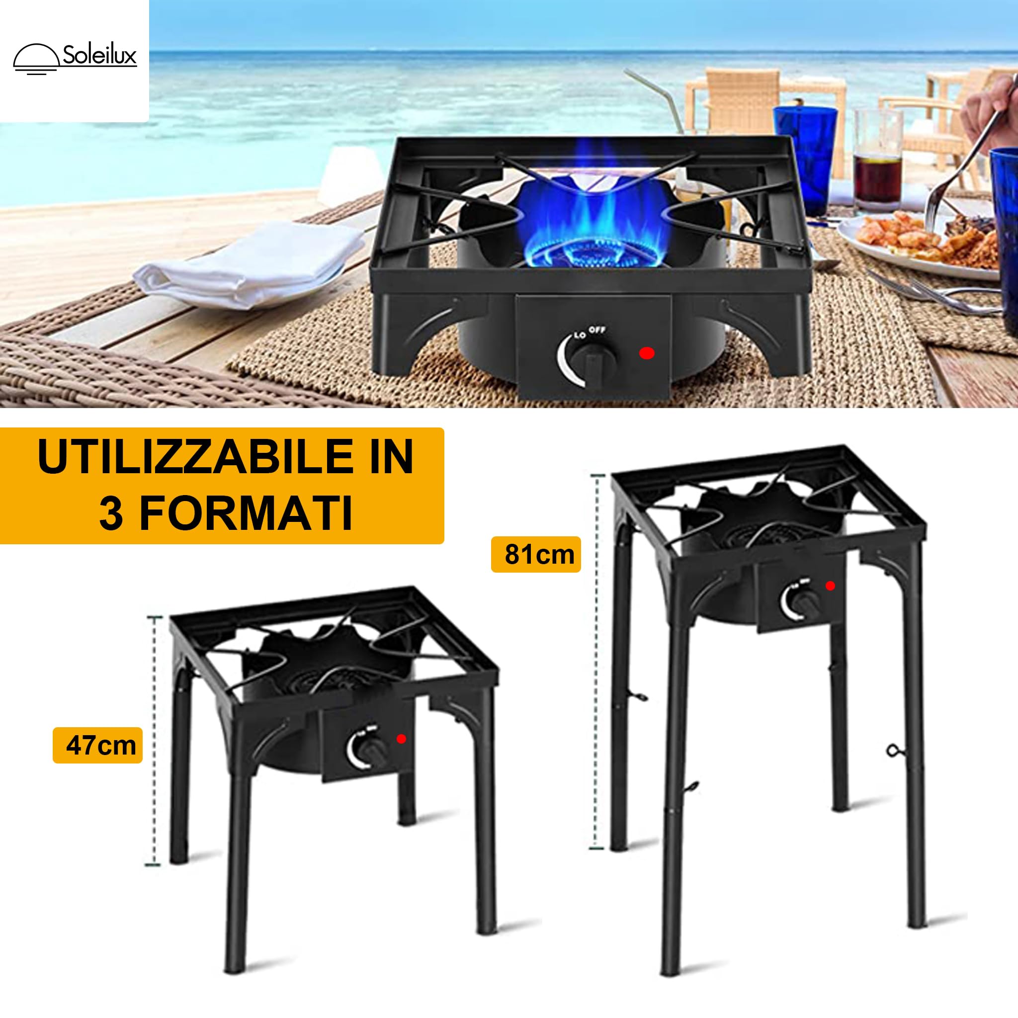 Fornellone Fornello a Gas da Campeggio e da Esterno 40x40cm 3 IN 1 Rialzato Gpl con Accensione Piezo H 81cm - NERO
