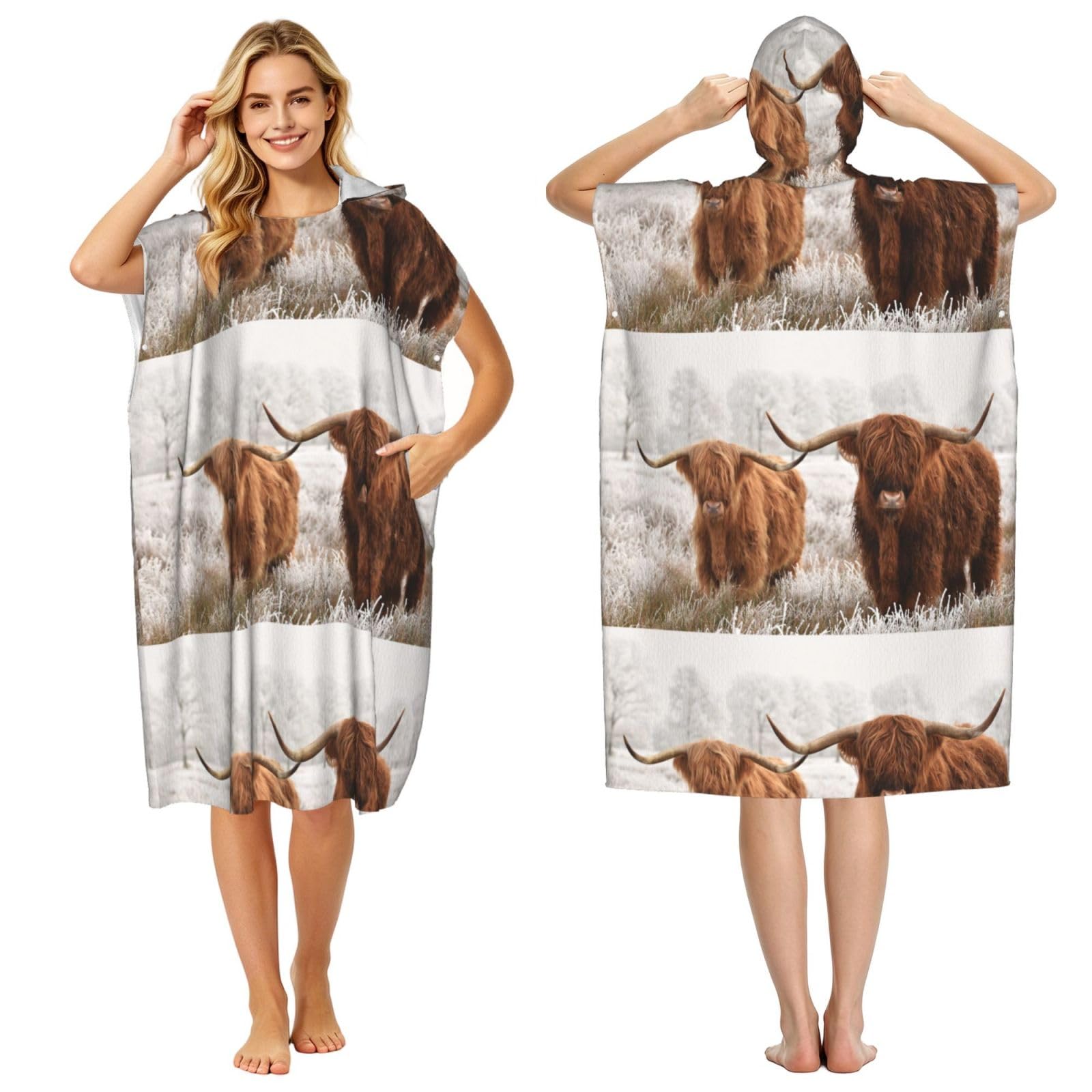 Poadnly Scottish Cow, Adult Hooded Beach Towel 90 x 110 cm,Changing Bath Robe, Surf Poncho Towel For Women Men