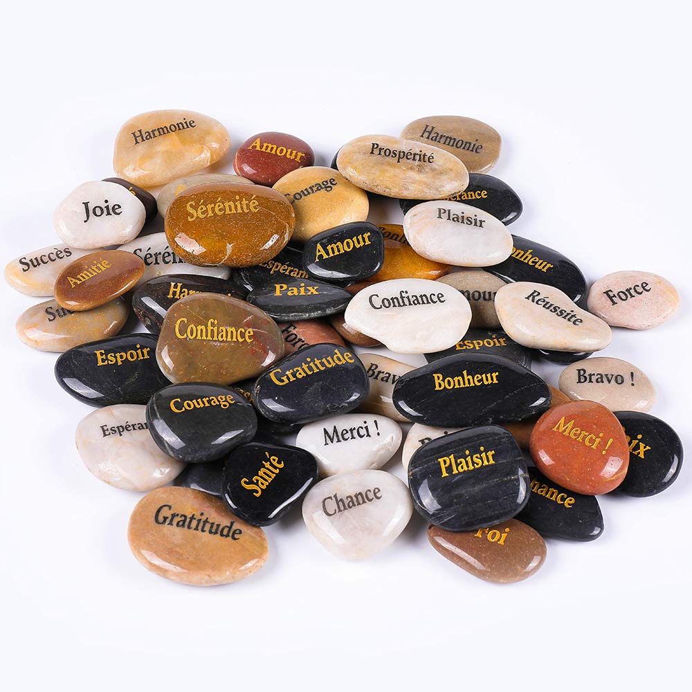 ROCKIMPACT 50 Pierres Gravées Message Chanceuse Inspirant, Cadeau avec Gravure Inspiration Mot, Jardin Décoratifs Galets, Bonheur et Encouragement (Lot de Gros, Mots Assortis, 5-8 cm)