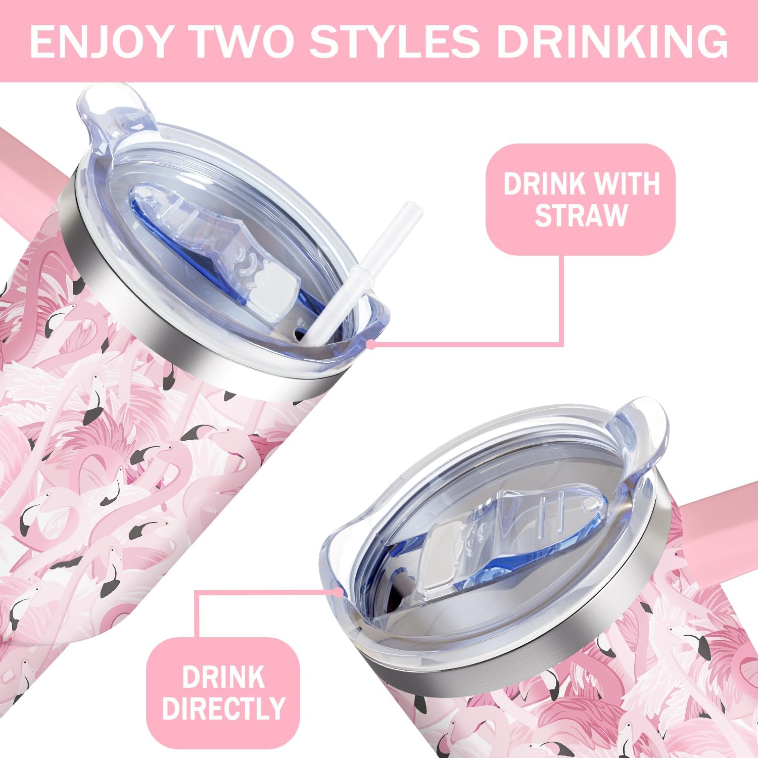 OccuPied Flamingo Tumbler with Handle Pink Flamingo Gifts for Women 40oz Flamingo Cup Stainless Steel Water Bottle Insulated Travel Coffee Mug with Lid and Straw - Image 7