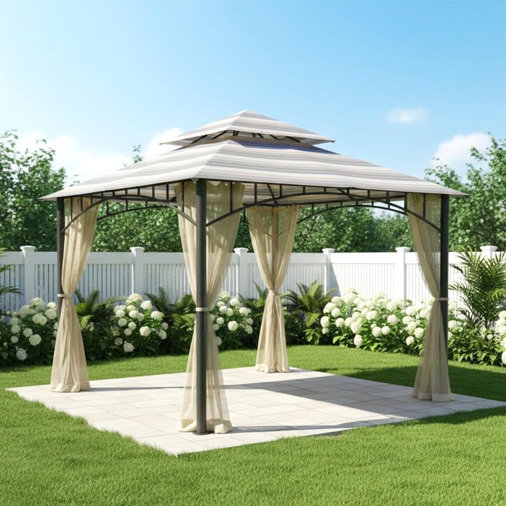 Garden Winds Durable Replacement Canopy Top Cover Compatible with The L-GZ136PST Madaga 10' x 10' Gazebo - Classic Sandstone Gray, 350