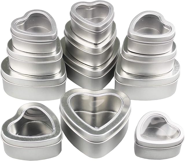 12 Pieces Heart Shaped Empty Metal Tin Cans with Clear Window Lids for Candle Making, Candies, Gifts & Treasures, Mixed Sizes