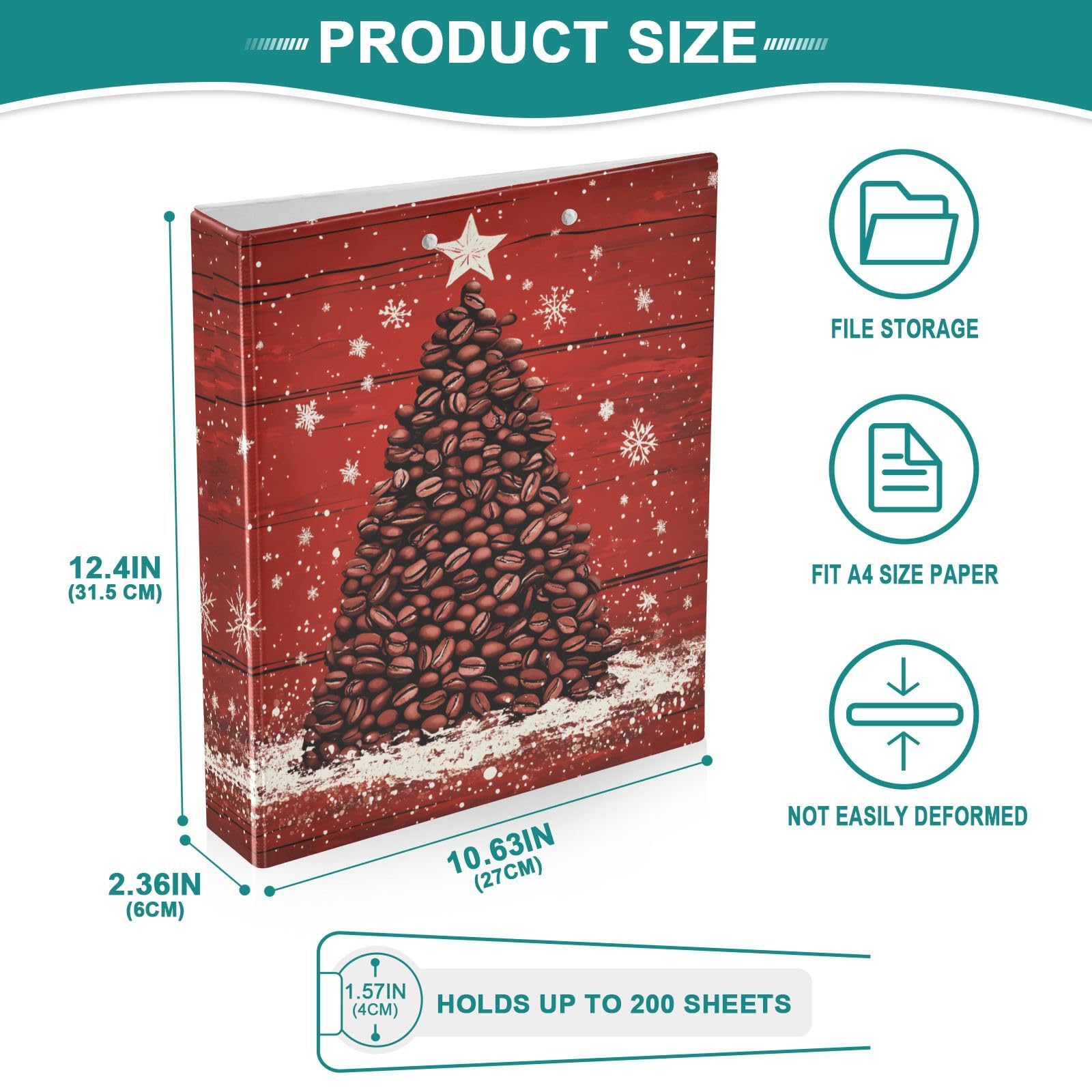 Confezione da 2 raccoglitori a 3 anelli, motivo albero di Natale, chicchi di caffè, 3,8 cm, con 3 tasche trasparenti, portablocco e contiene 200 fogli, per ufficio, scuola, organizzazione