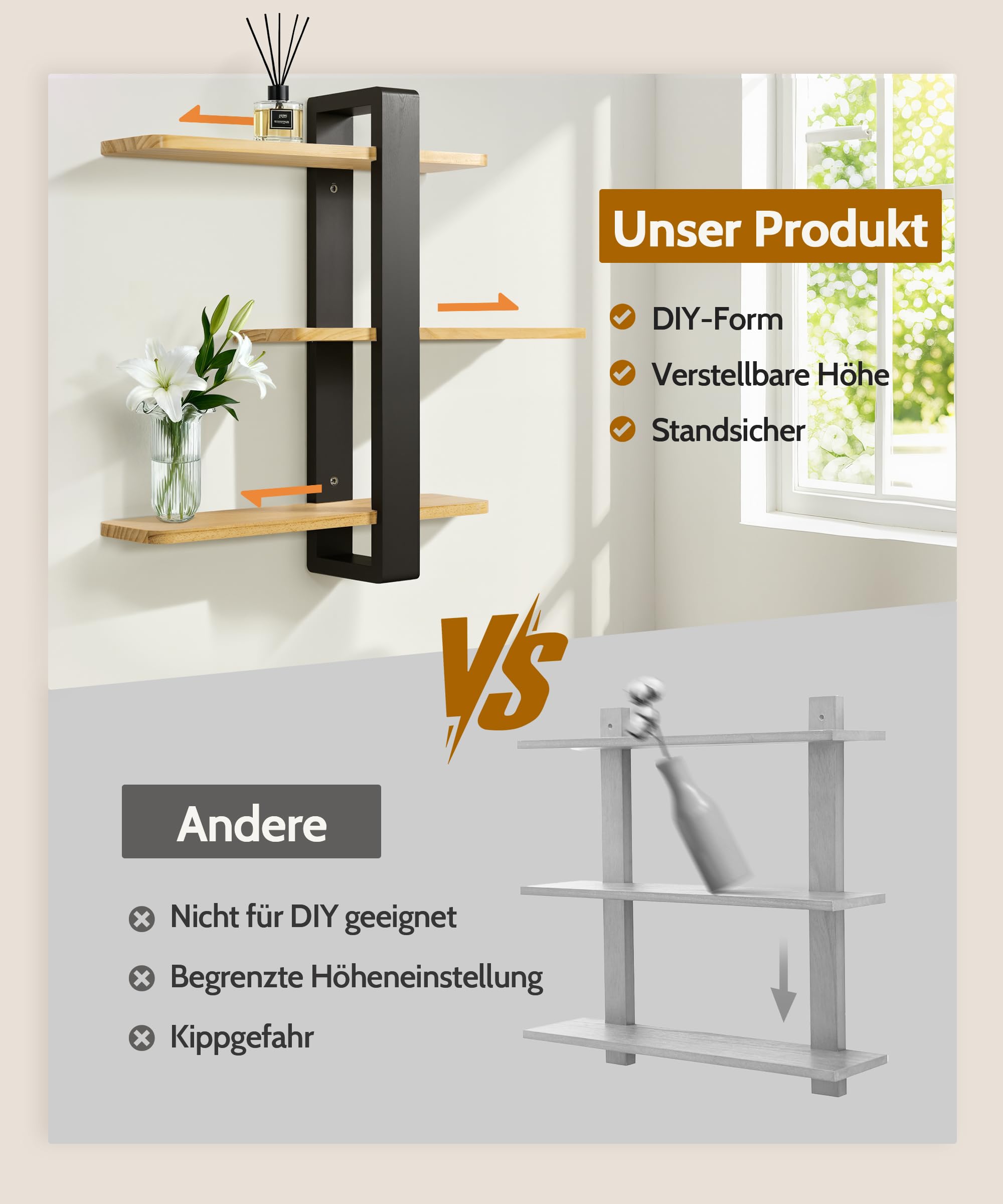 SUMGAR Wandregal Holz, dekoratives Hängeregal mit 3 Ablagen, 50 x 58 cm | Aus massivem Kiefernholz mit drei abnehmbaren Böden; zur Wandmontage für Bücher und Deko in Wohn- und Schlafzimmer.