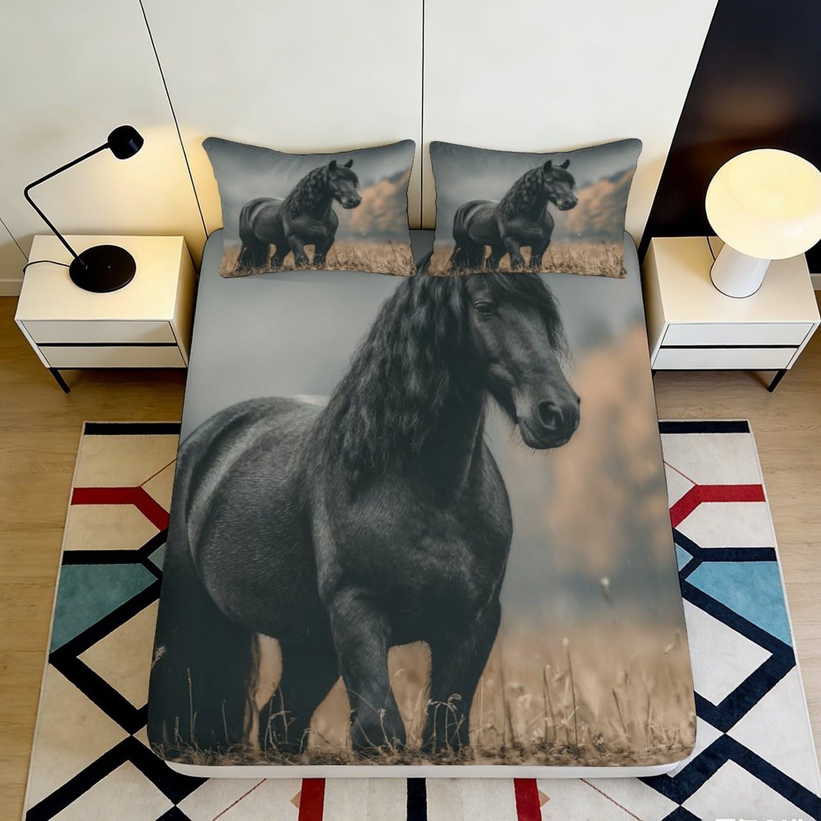 3D Printed Black Horse Fitted Sheet Microfiber Soft Breathable Pony Mattress Cover for Bedroom Dormitory Guest Room Mattress Protection Decor 160x200x25cm