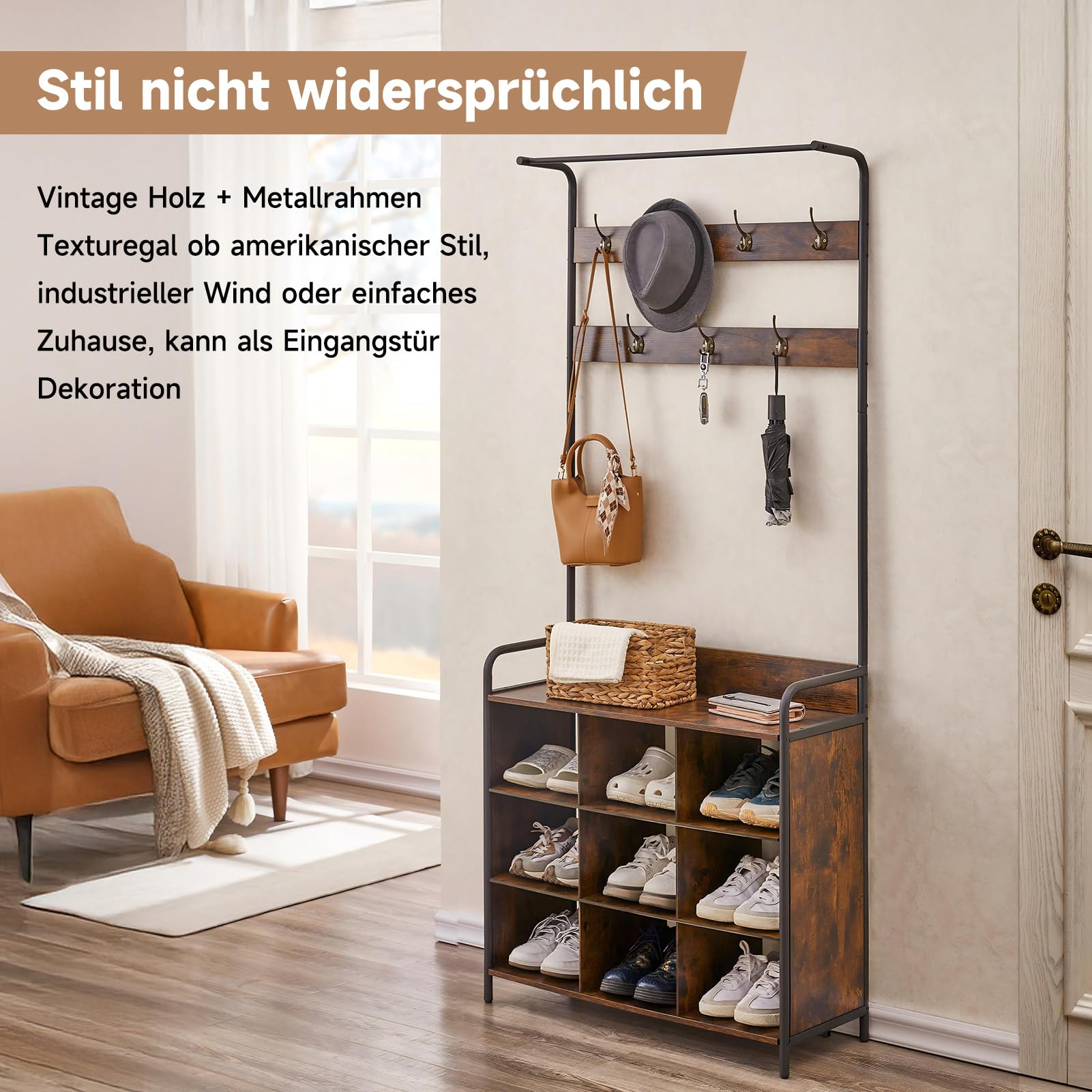HAUSPROFI Garderobe mit Schuhablage, Kleiderstange, 7 Haken, 9 offenen Ablagen, Industriedesign, für Eingangsbereiche und Flure, Retrobraun, 78,7 x 29,2 x 180,3 cm (L x B x H)