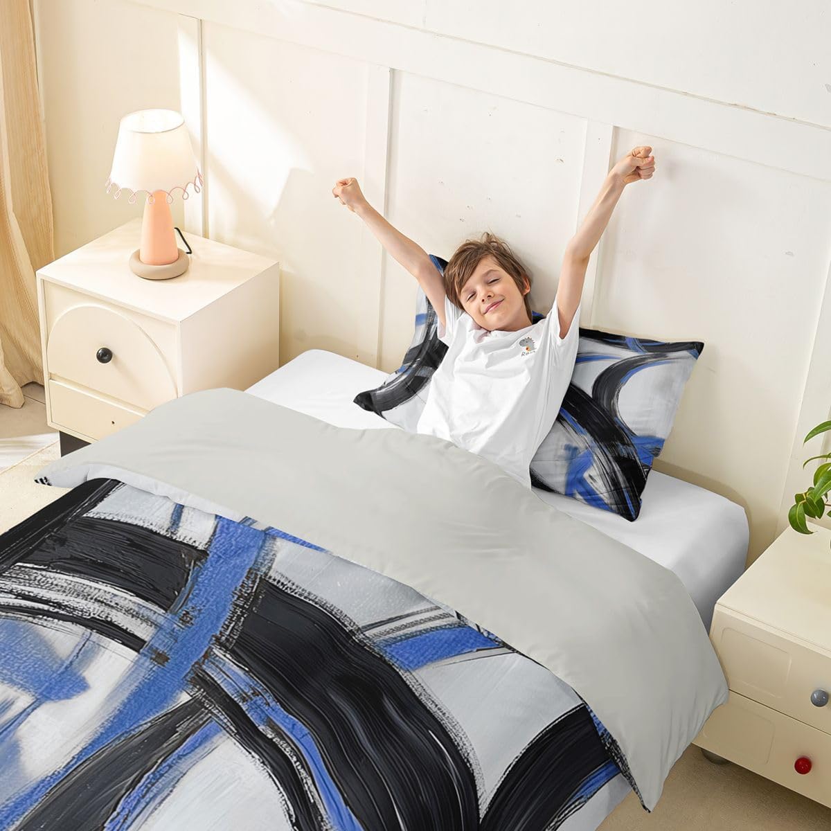 jejeloiu Blue and Black Striped Duvet Cover Toddler Size Abstract Gromment Stripes Bedding Set Breathable Soft Modern Geometric Comforter Cover 2Pcs Bedroom Decor No Comforter Breathable
