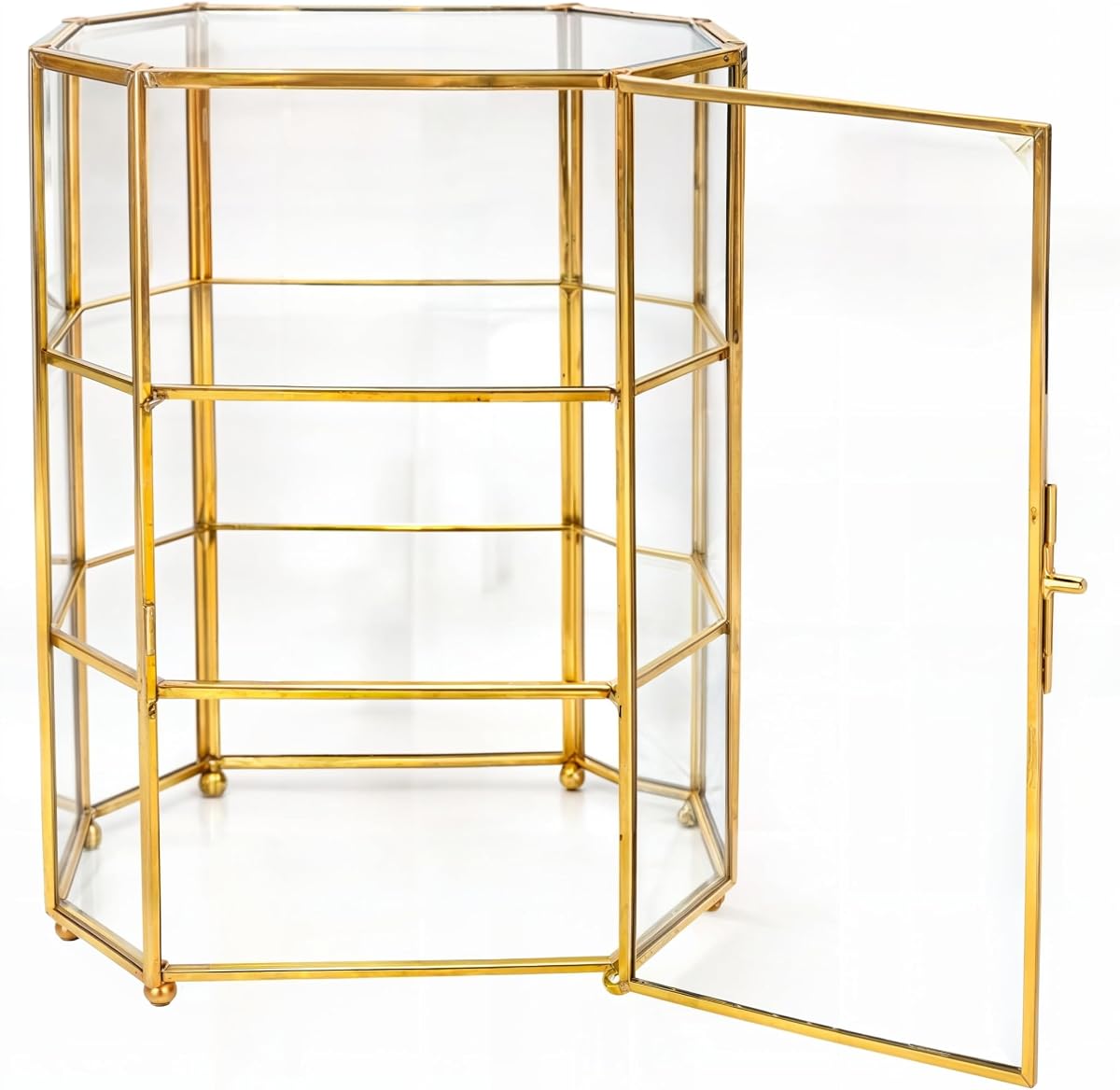 BuleVina Glass Jewelry Display Case 6.7x4x8.4 inches Small Cabinet, 3-Tier Geometric Box Keepsake Trinket for Rings, Earrings, Crystals, Makeup Organizer, Multifunction Table Decoration Storage