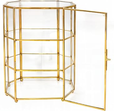 BuleVina Glass Jewelry Display Case 6.7x4x8.4 inches Small Cabinet, 3-Tier Geometric Box Keepsake Trinket for Rings, Earrings, Crystals, Makeup Organizer, Multifunction Table Decoration Storage
