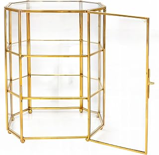 Glass Jewelry Display Case 6.7x4x8.4 inches Small Cabinet, 3-Tier Geometric Box Keepsake Trinket for Rings, Earrings, Crystals, Makeup Organizer, Multifunction Table Decoration Storage