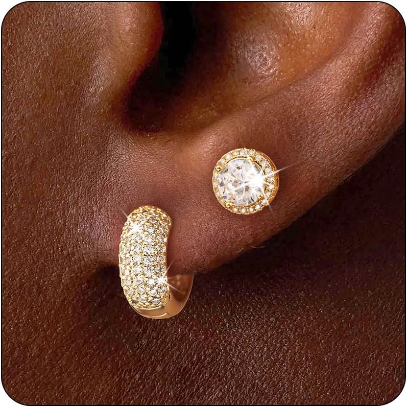 Earrings for Men - 2 Pairs 14K Gold/Silver-Plated Cubic Zirconia Round/Square Stud with Huggie Hoop Earrings Set for Women, Mens Hypoallergenic Cartilage Earring Studs for Sensitive Ear