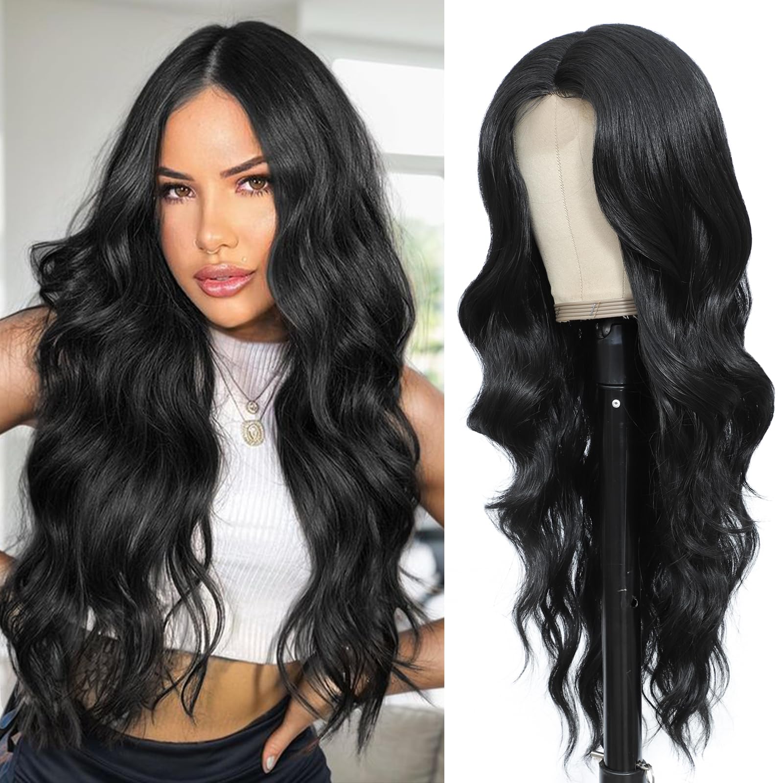 Angzon Long Black Wavy Wig Middle Part for Women 26 Inch Black Curly Wavy Wig Natural Looking Synthetic Heat Resistant Fiber Wig for Daily Party Use