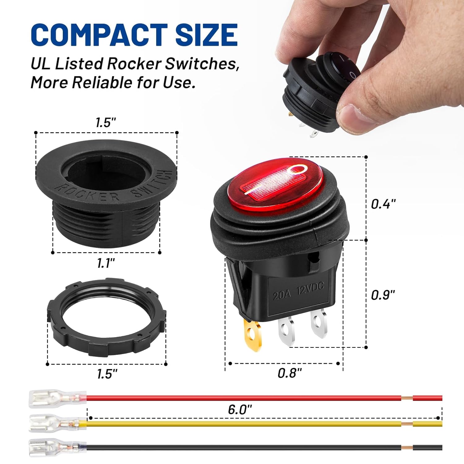 Anina Round Rocker Switch 12V 20A with LED Light Rocker Toggle On/Off SPST Switch 3-Pin for for Marine Boat Yacht Truck RV ATV Car Bus