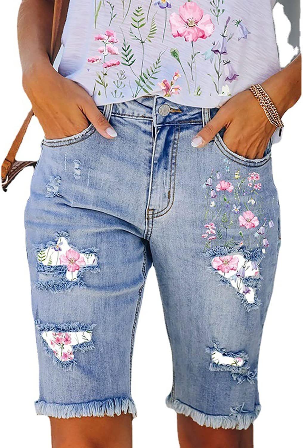 HBER Women's Ripped Bermuda Shorts High Waisted Denim Shorts Ripped Distressed Jean Shorts