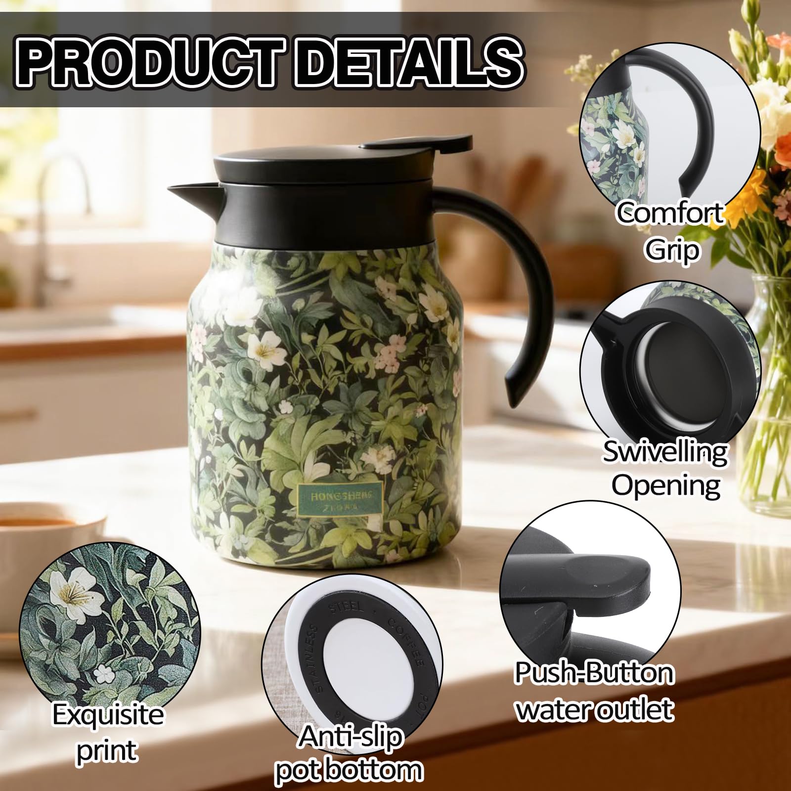Caraffa Termica con Filtro per Tè, Thermos 1 Litro in Acciaio Inox con Motivo Floreale, Termos Caffè Doppio Strato, Sottovuoto Thermos Caffe, Thermos per Bevande Calde per Tè Latte