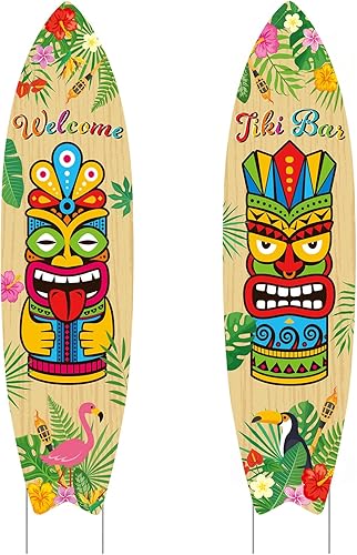 Miniatura 10 de Queekay 2 carteles de Tiki Yard Luau Hawaiian Tropical Party Decoración al aire libre Tiki Bar Letrero con estacas para verano (estilo iluminado)
