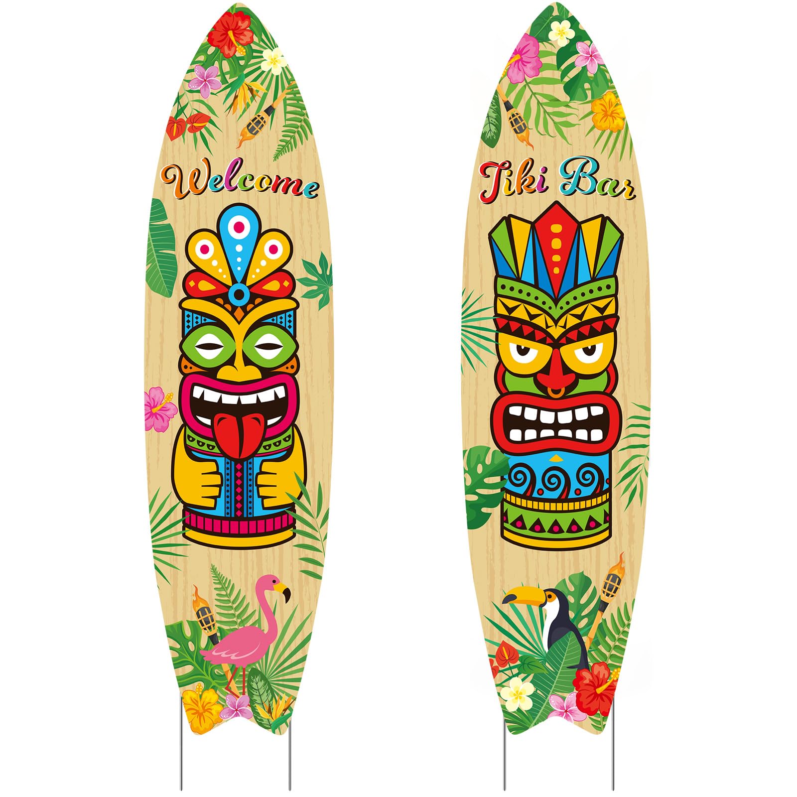 Queekay 2 Pcs Tiki Yard Sign Luau Hawaiian Tropical Party Decoration Outdoor Tiki Sign with Stakes for Summer (Skateboarding Style)