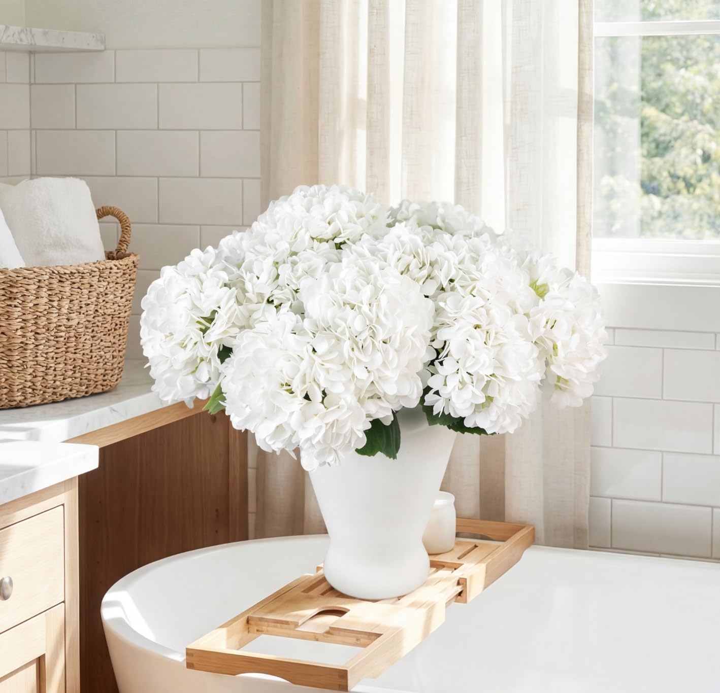 PARTY JOY 12PCS 15.4In Artificial Hydrangea Silk Flowers Bouquet Faux Hydrangea Stems for Wedding Centerpieces Home Decor (White,12pcs)