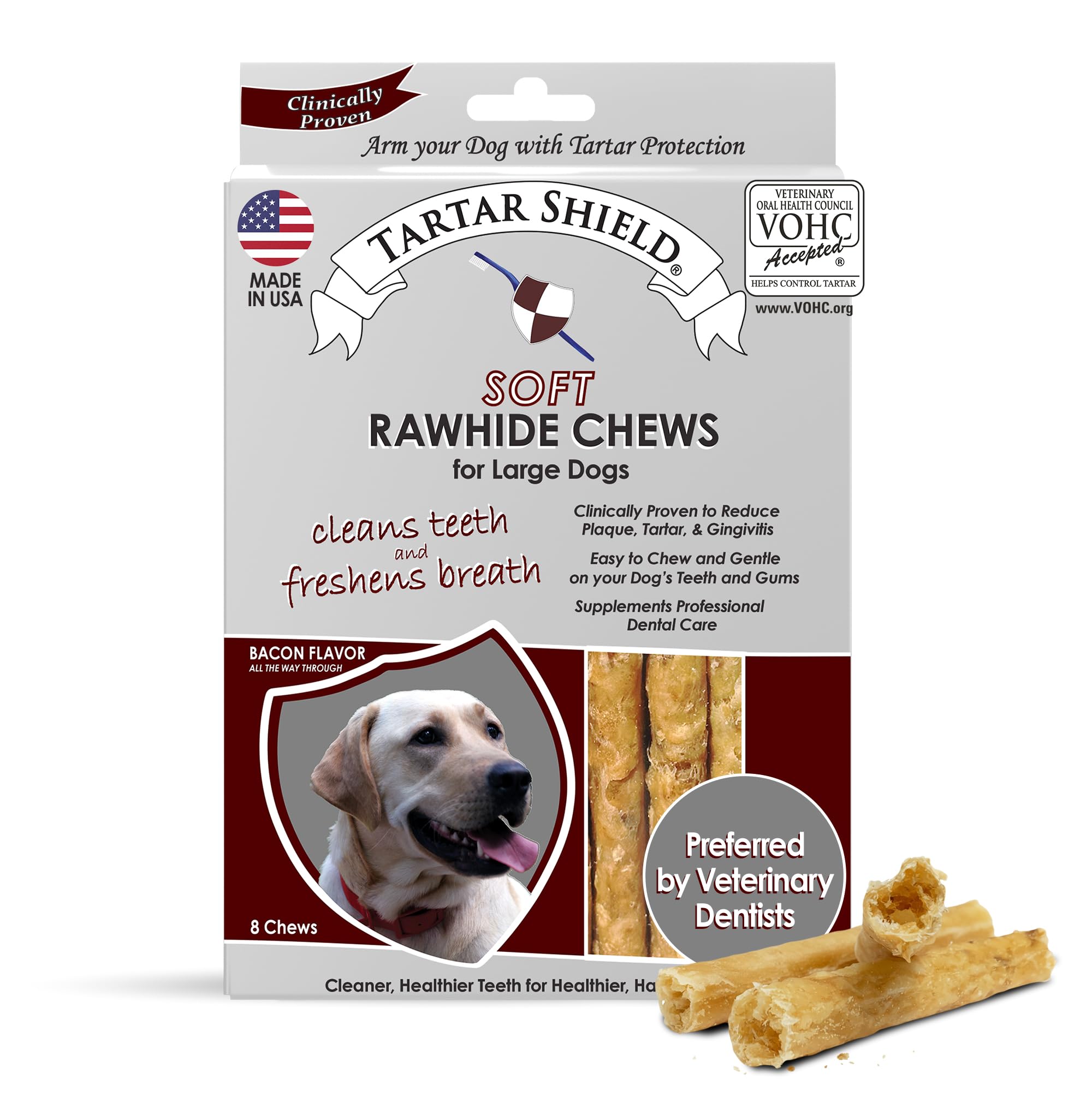 Tartar Shield Soft Rawhide Chews | Safe Dental Treats for Large Dogs | Vet VOHC Approved | Daily Bone Cleans Teeth & Gums Fresh Breath Oral Health Support | USA Made | (Large Dogs / 8 Count)