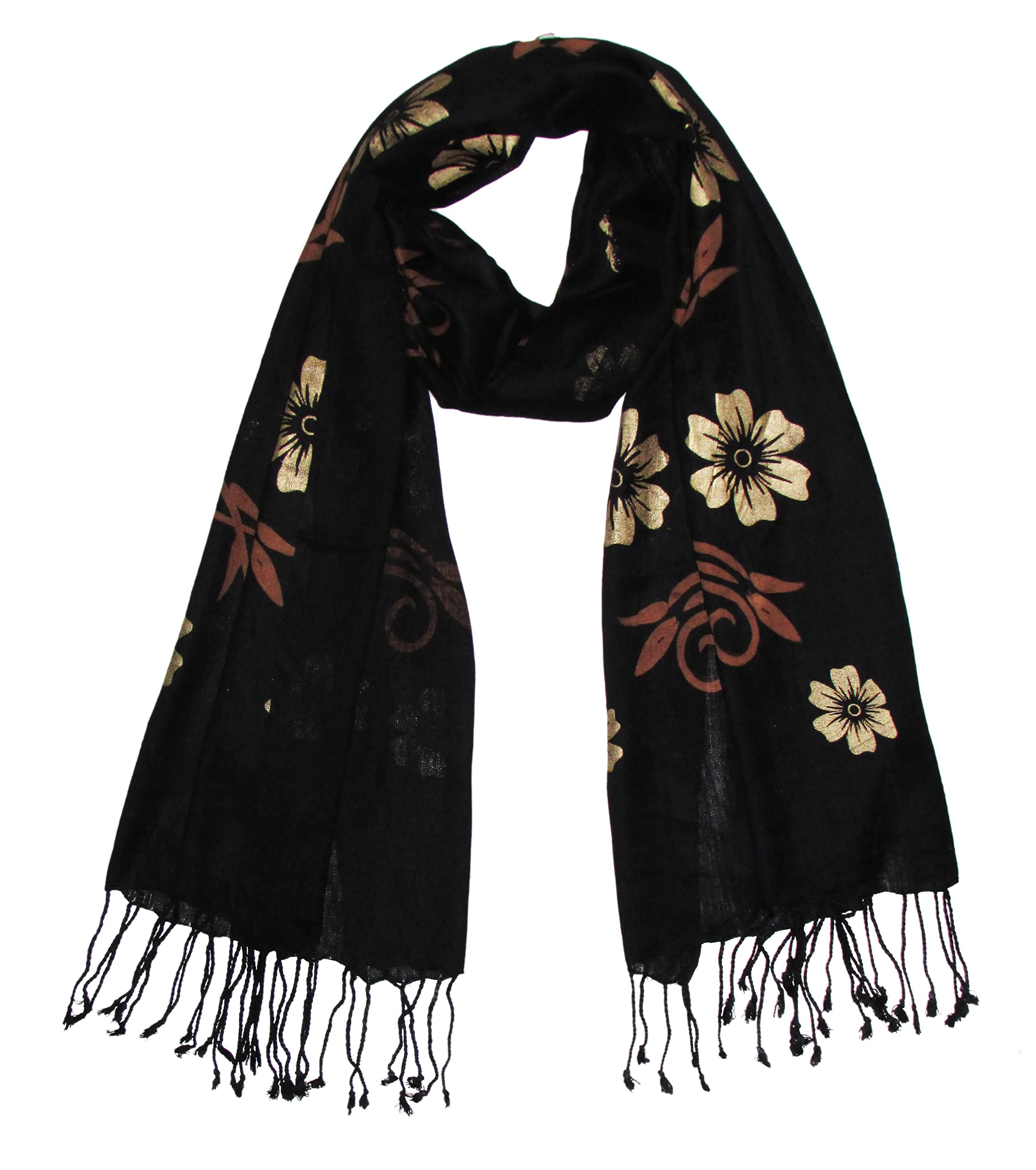 Fabtone Scarfs for Women's Golden Print Floral Design Viscose Stole With Fringes 70x180 cms Black Gold- Winter Stole