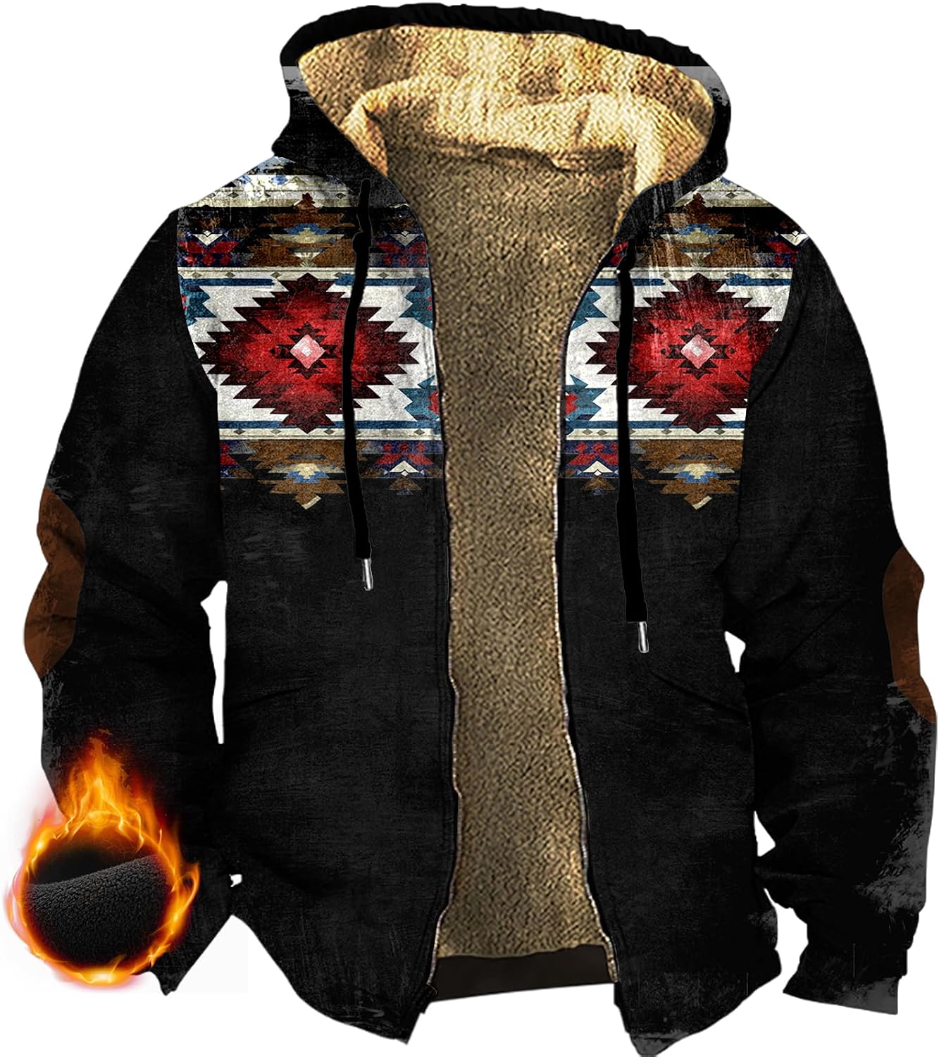 Western Fleece Jacket Men Vintage Graphic Sherpa Zip Up Heavy Warm Big and Tall Lined Coats with Hooded