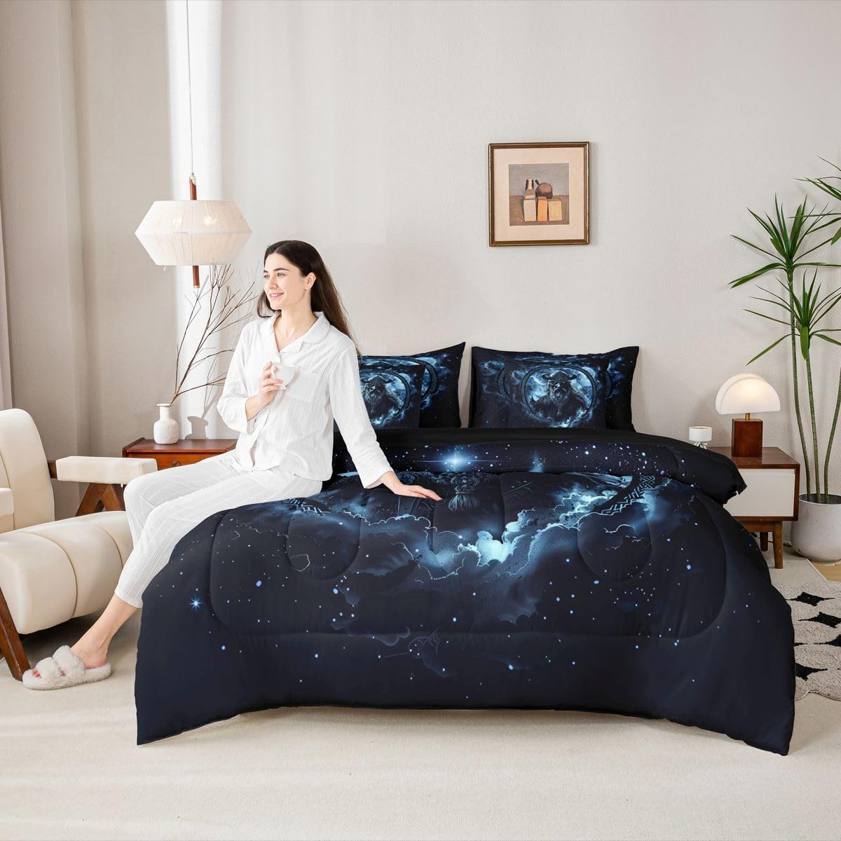 Erosebridal Blue Viking Queen Comforter Set with Sheets 7 Piece Ancient Nordic Warrior Bed in A Bag Geometric Viking Symbol Bedding Sets for Men Adults Norse Mythology Starry Sky Bed Set