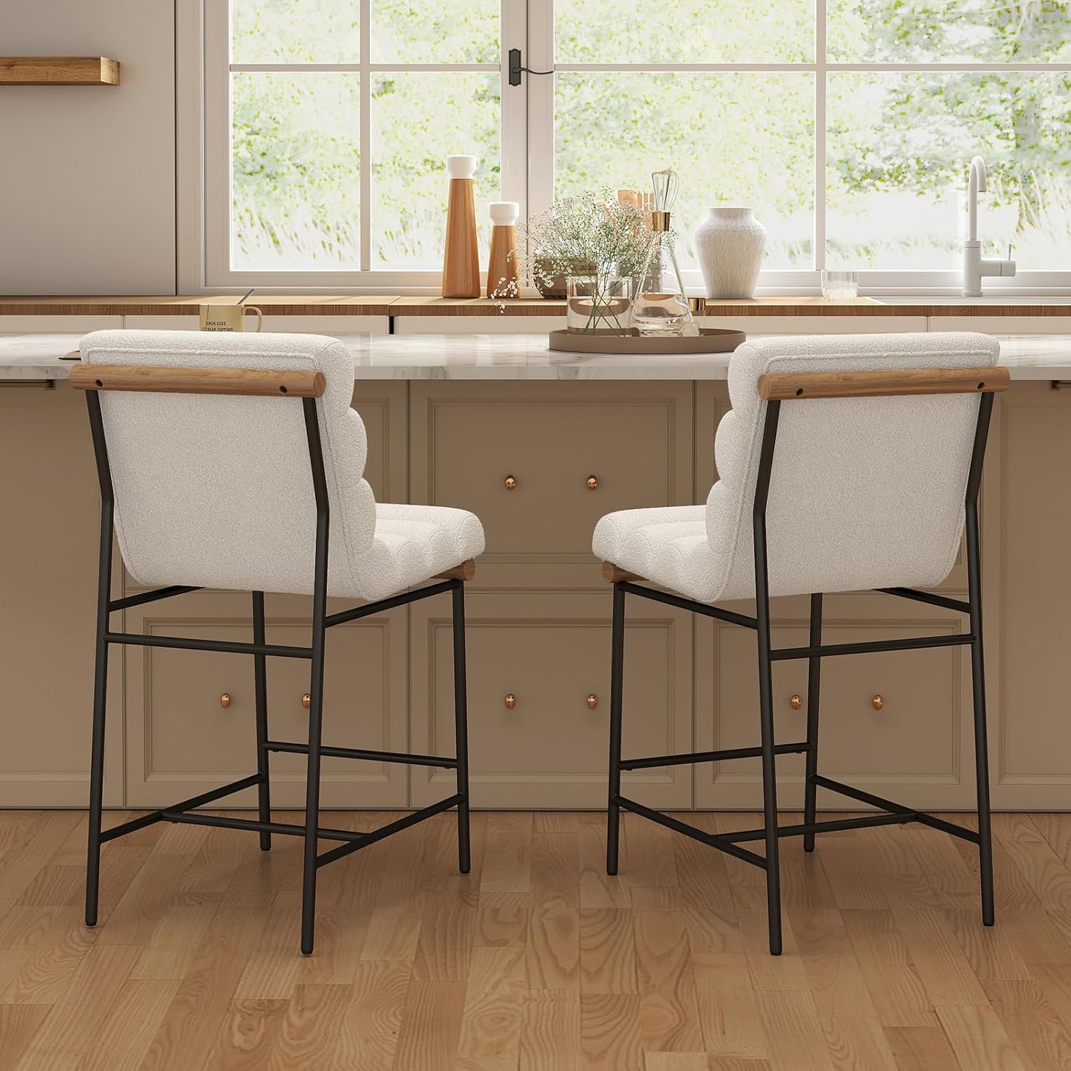 Bar Stools Set of 2, 25" Modern Sherpa Upholstered Counter Height Bar Stools with Back, Comfy Boucle Counter Stools with Black Metal Legs for Living Room Kitchen Island, White