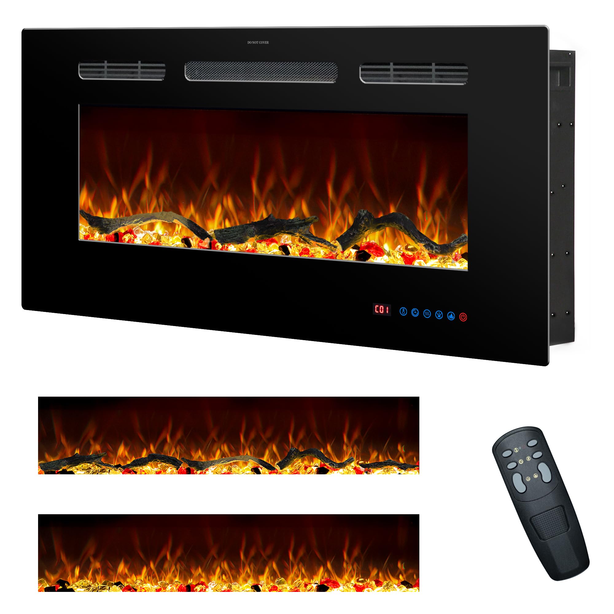 76cm Chimenea eléctrica, Chimenea empotrable y de Pared para Interiores con Mando a Distancia, 13 Colores de Llama con Tronco y Cristal, Temporizador 9H