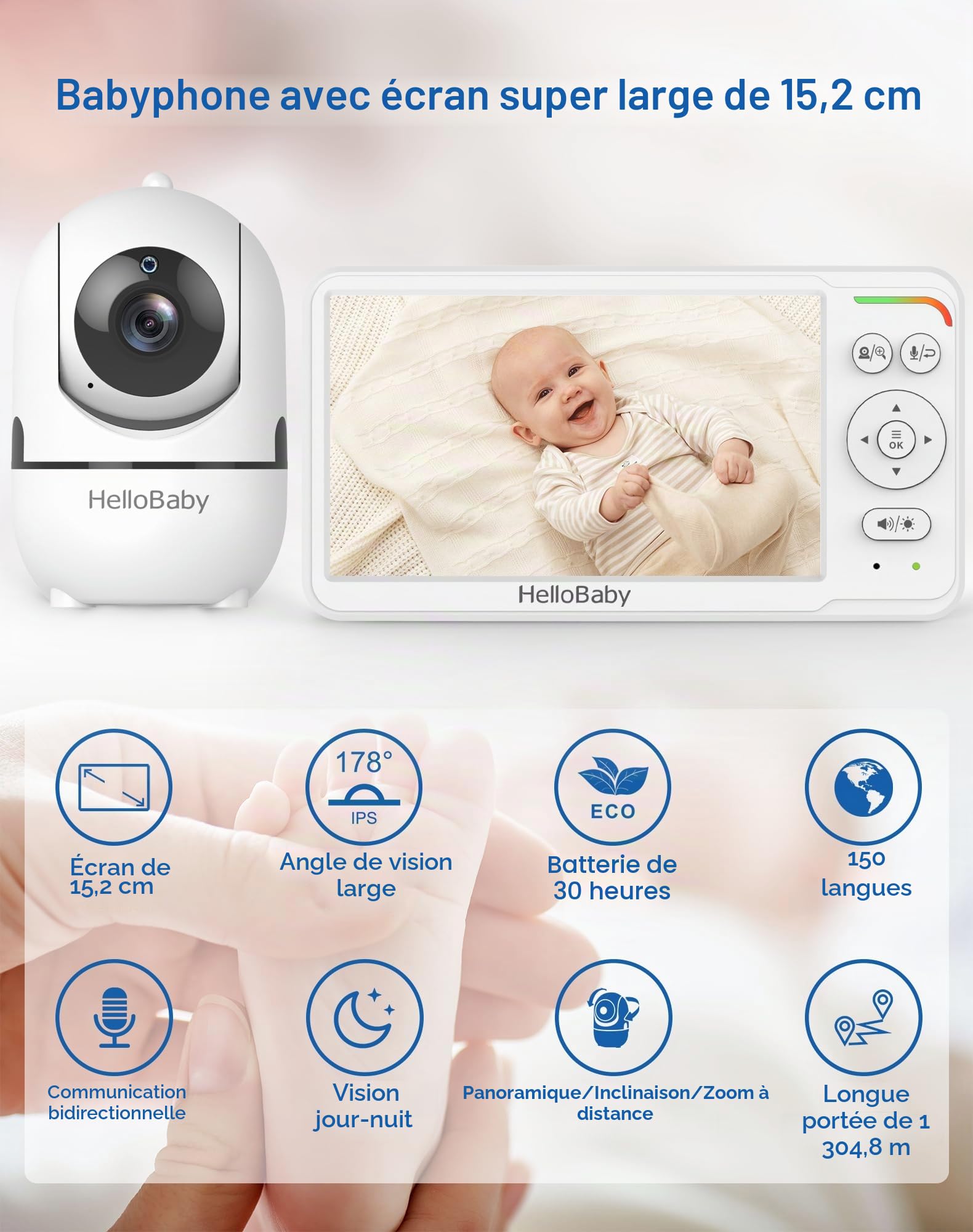 HelloBaby Baby Monitor with 6 inch World First IPS Screen 30-Hrs Battery, Remote Pan/Tilt/Zoom Camera, No WiFi Video Baby Monitor Camera and Audio, ECO, VOX, 2-Way Talk, Night Vision, 1000ft, Portable