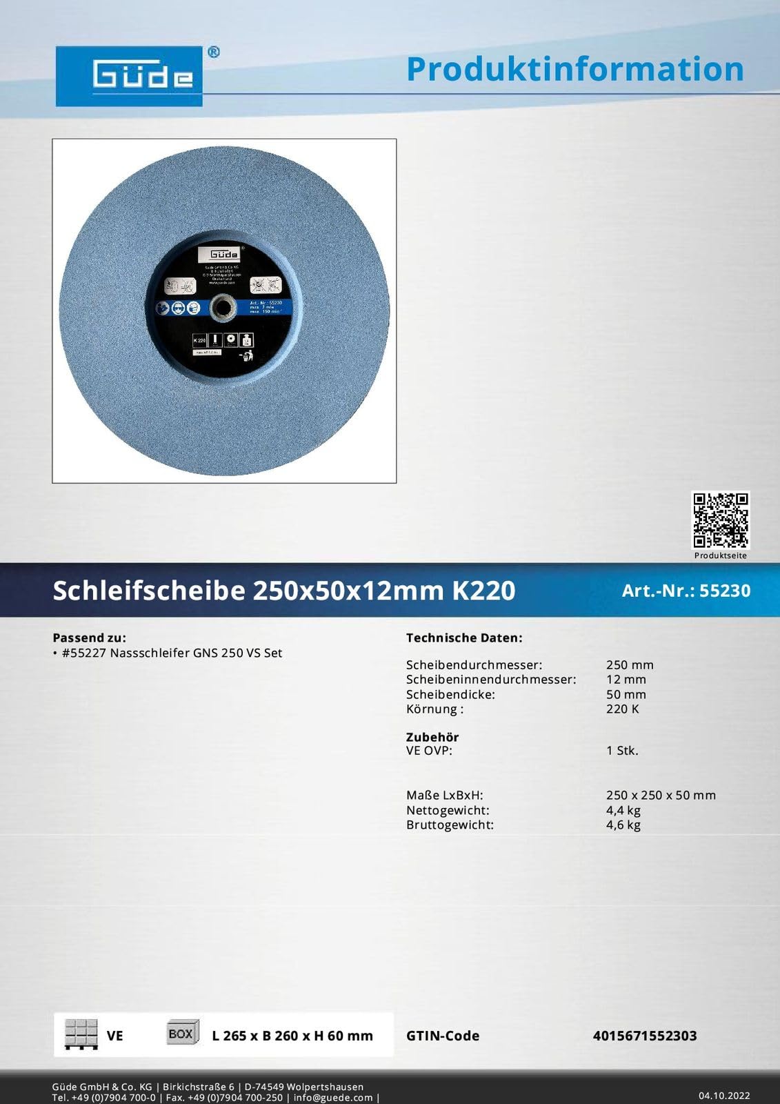 Güde Disco abrasivo K 220, 250 x 50 x 12 mm, per levigatrice a delta, foglio abrasivo, disco abrasivo
