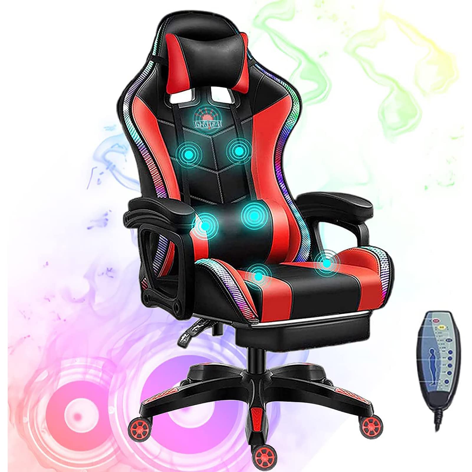 Chaise pro gaming RGB rouge avec haut-parleurs et repose-pieds