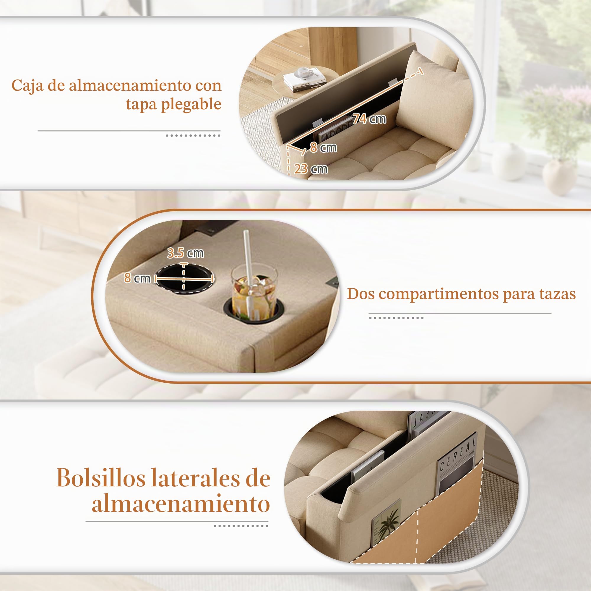 Sofá Cama Multifuncional con Función de Dormir Versátil Sofá Plegable Sofá Sofá con Almacenamiento y Respaldo Ajustable Sofá con Reposabrazos Compartimentos y Cojines para Salón y Apartamentos Beige