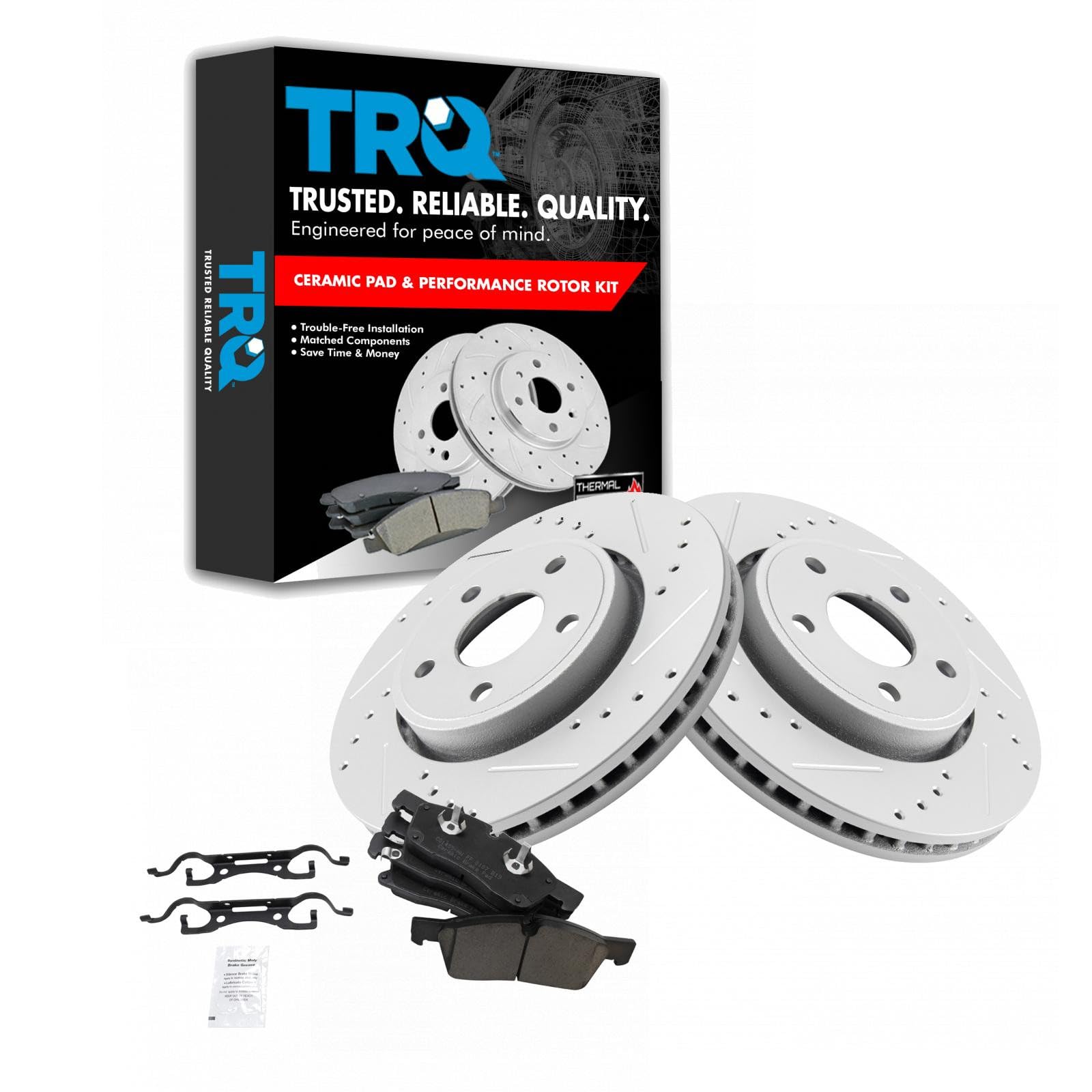 Photo 1 of ** ROTORS ONLY. DIRT FROM TRANSPORT** TRQ Front Brake Pad and Rotor Set Ceramic Drilled Slotted Coated Rotors Compatible with 2011-2016 Dodge Durango Grand Cherokee