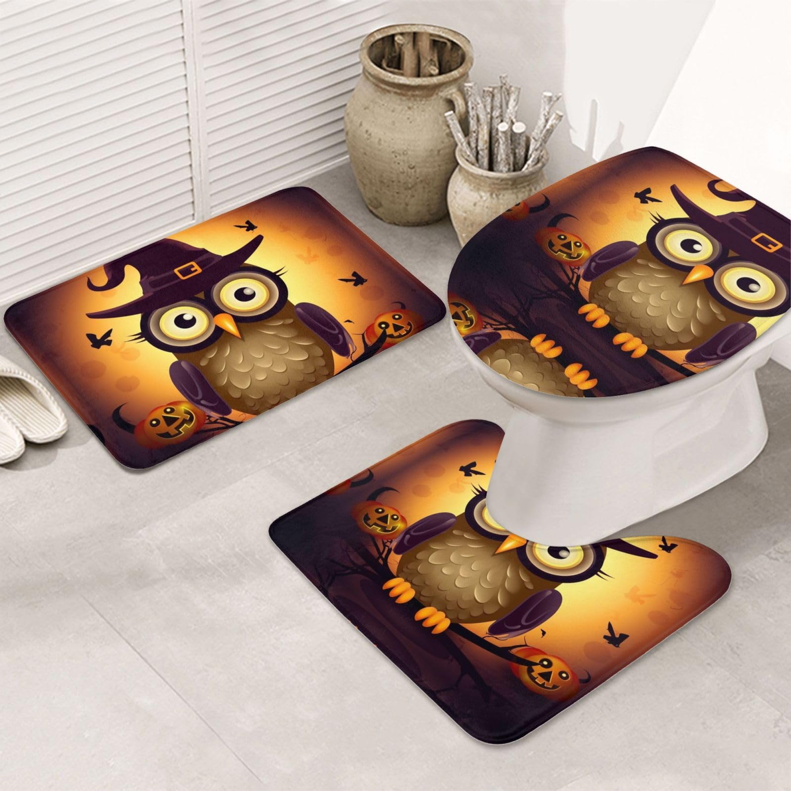 Lot de 3 tapis de salle de bain motif hibou mignon Halloween avec découpe en U