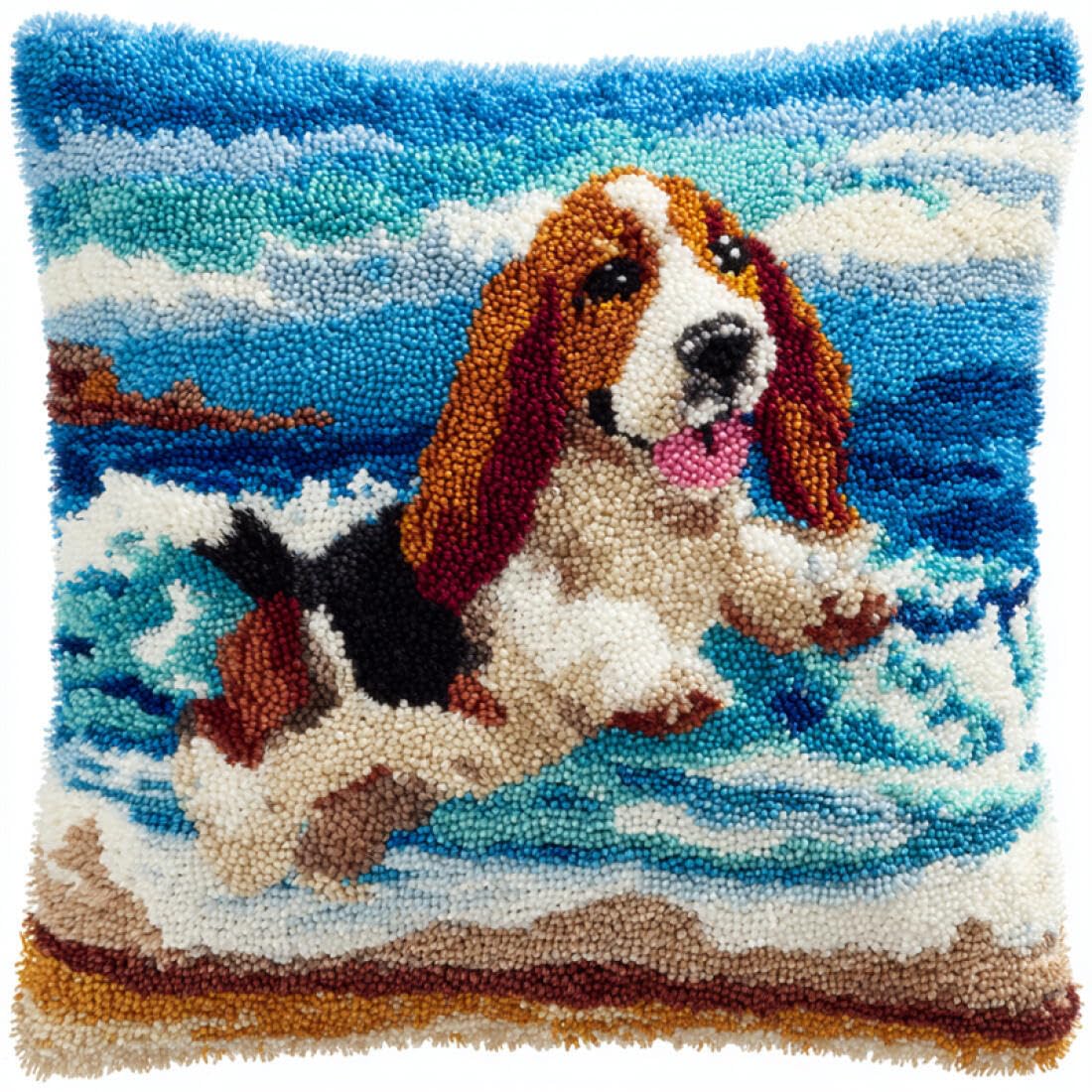 Kitquiver Animal Latch Hook Kits for Adults Dogs On The Beach DIY Latch Hook Kits Pillowcase Embroidery,Knitting,Gift for Adults/Beginners 17x17In