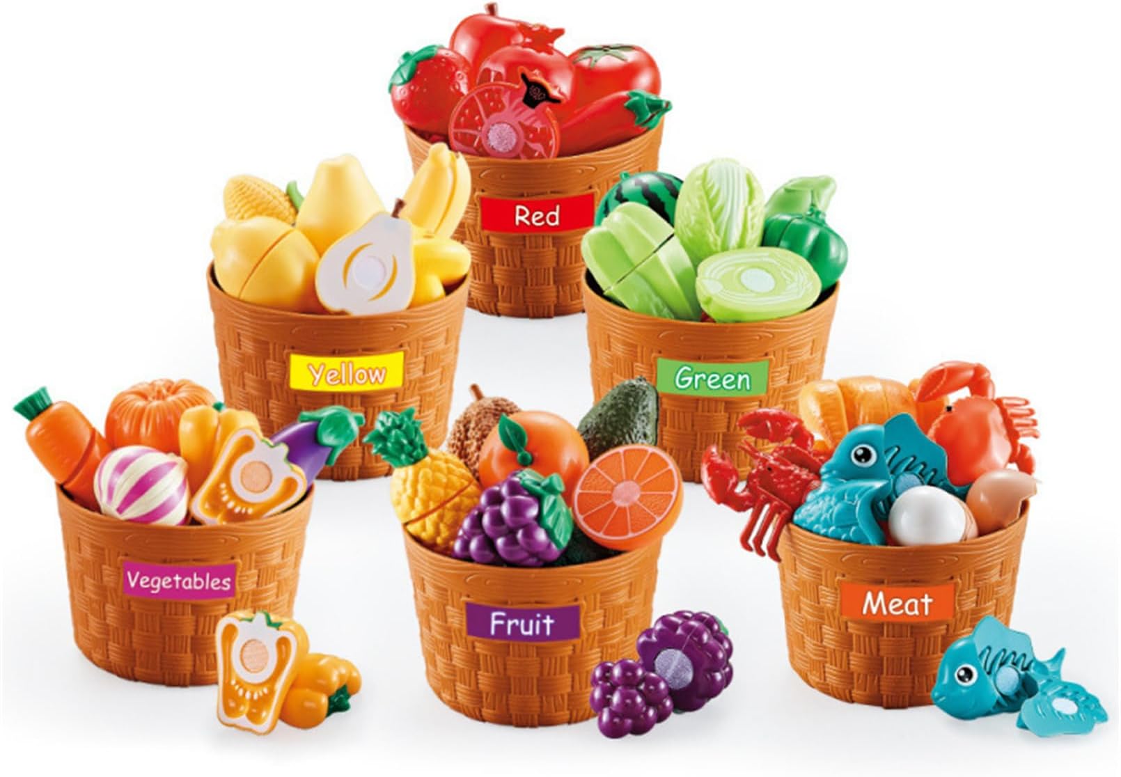 AM ANNA Color Sorting Play Food Set,42 PCS Learning Toys for Boys & Girls, Cutting Food Toy, Kitchen Accessories for Kids, Toddler Sorting /Fine Motor Skills Toy, Daycare/Preschool Educational Toys