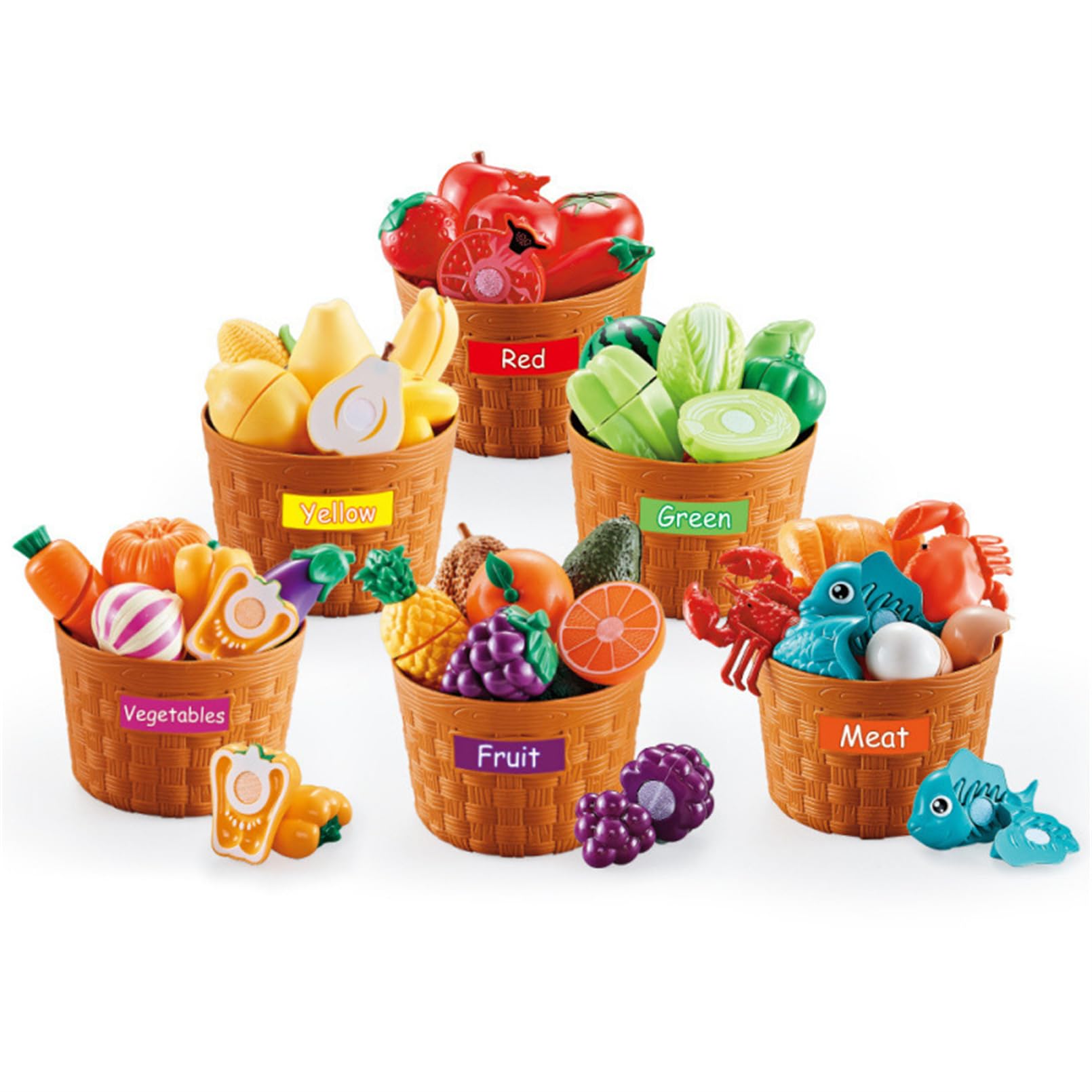 AM ANNA Color Sorting Play Food Set,42 PCS Learning Toys for Boys & Girls, Cutting Food Toy, Kitchen Accessories for Kids, Toddler Sorting /Fine Motor Skills Toy, Daycare/Preschool Educational Toys