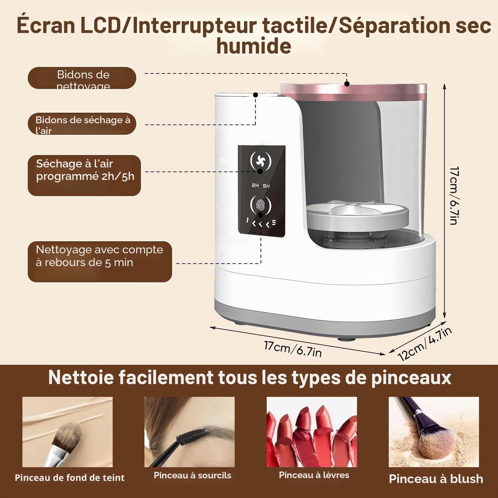 Nettoyeur Pinceau Maquillage,Machine Nettoyage Électrique avec Séchoir & Support - Laveur Pinceau Automatique USB pour Toutes Tailles Pinceaux Cosmétiques & Beauty Blender, Arrêt Auto 5 Min