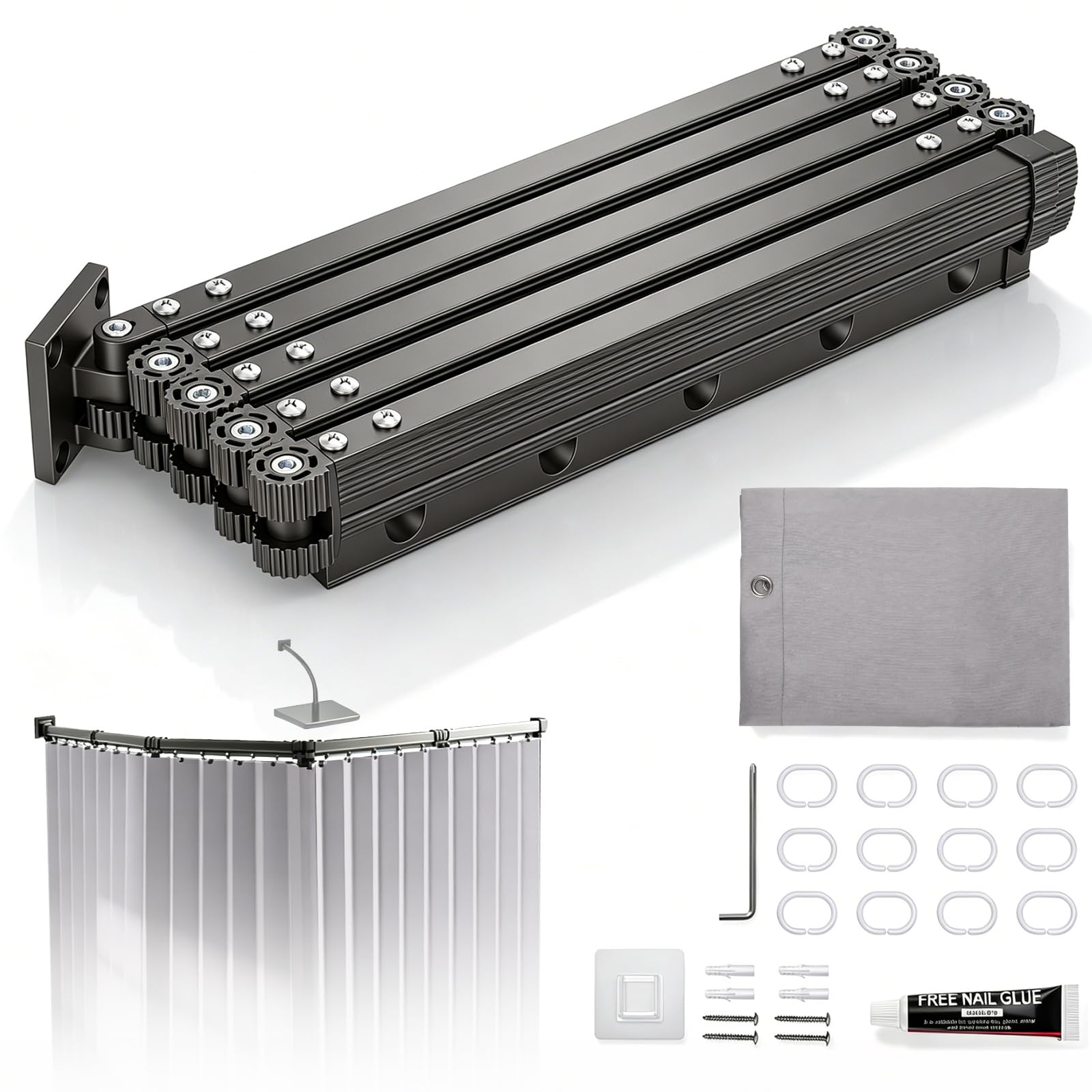 Tringle à rideau de douche pliable sans perçage - 1,8 m x 2 m - Avec tringle - Imperméable - Pliable 4/5 voies (Tringle à rideau de douche noire - Rideau de douche gris)