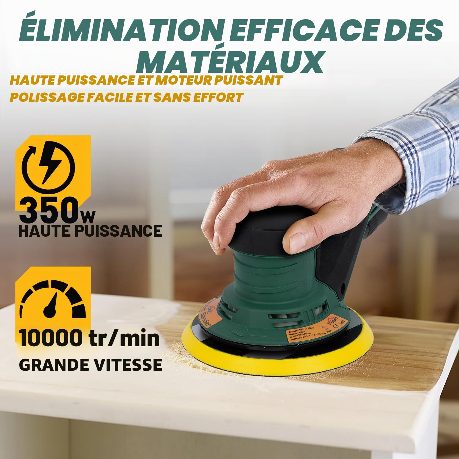 Ponceuse orbitale aléatoire, Moteur sans balai de 350W avec plateau double 125/150mm, Vitesse variable 4000-10000 tr/min, pour travaux sans poussière sur parquets, carrosseries et projets DIY