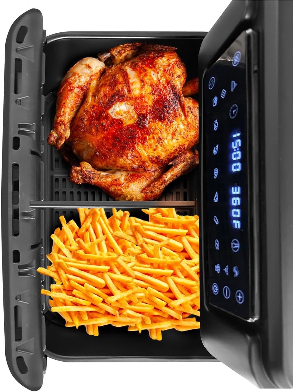 Close-up of air fry basket with chicken and fries inside Lumme Air Fryer