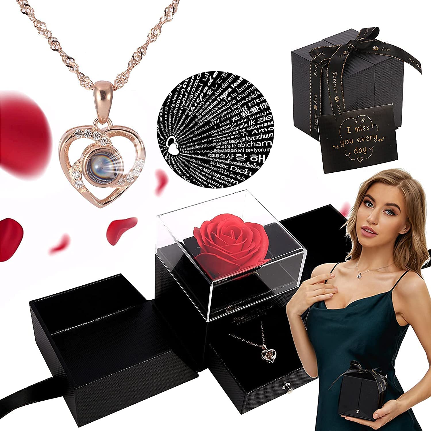 Handmade Preserved Rose Gift Box with Forever Rose and Love You Necklace in 100 Languages, Enchanted Flower Gift for Girlfriend Mother Wife on Anniversary Valentine's Day Mother's Day Christmas Day