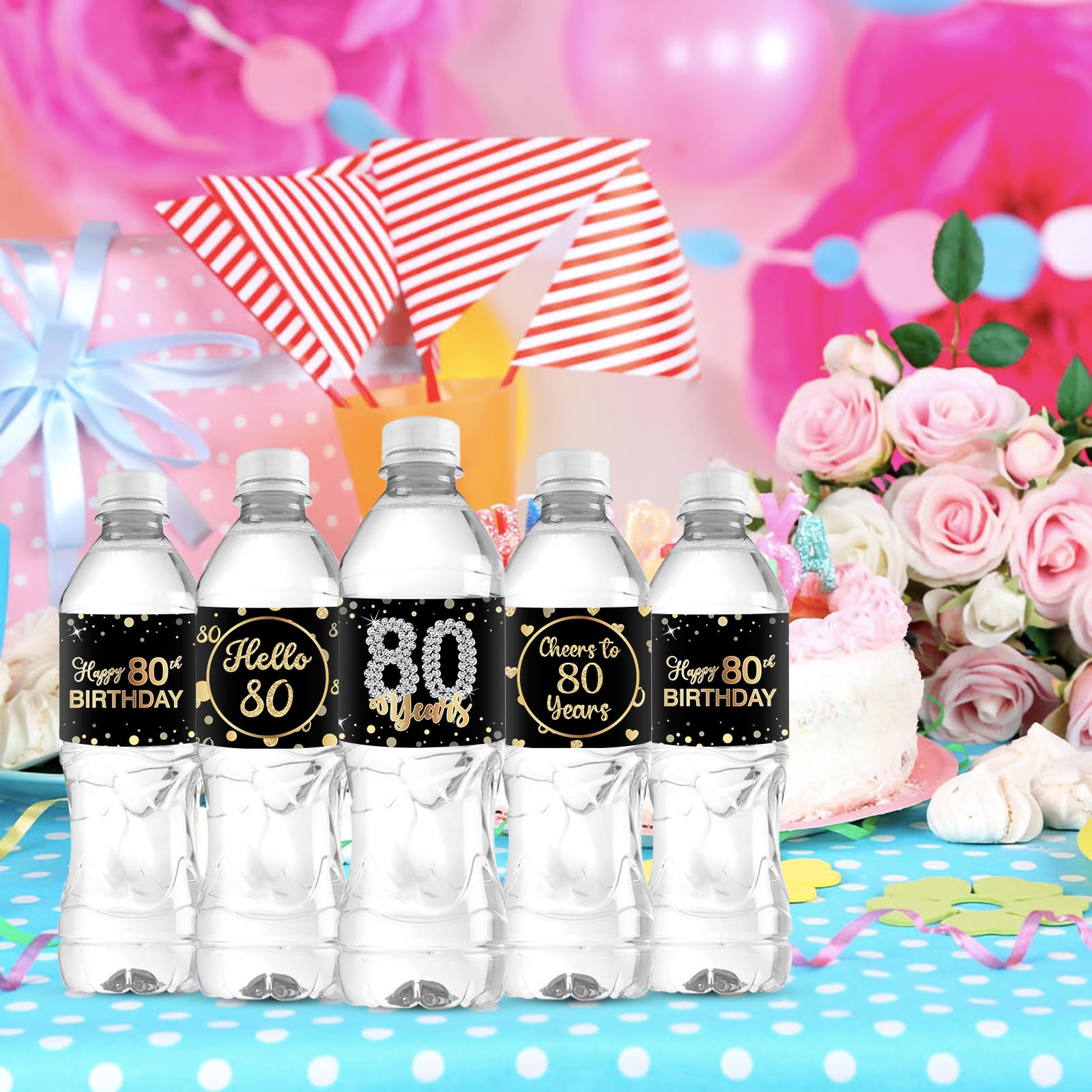 33 szt. 'Happy 80th Birthday' etykiety na butelkę wody 'Cheers to 80 Years naklejki na 80. rocznicę ślubu etykiety imprezowe znak czarny